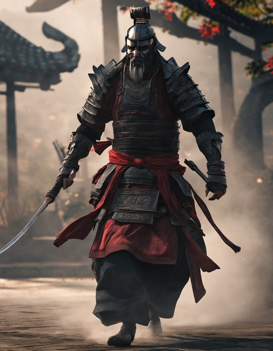 japanese samurai, arte conceitual, Directed by: Kishi Ganku, arte de fantasia, Fundo do templo zen, clean render, vestindo roupa quimono preto, without any props on the head, detailed bushido form smoke, character is standing, in fighting position, 8k realista, in game render, detalhe detalhado do fundo do rosto, Art Station home page, boi, pseudo - fantasia medieval, Formidable warrior, tudo contra um escuro, smoky scenery suggestive of a battle scene, lending a sinister aura to your persona.