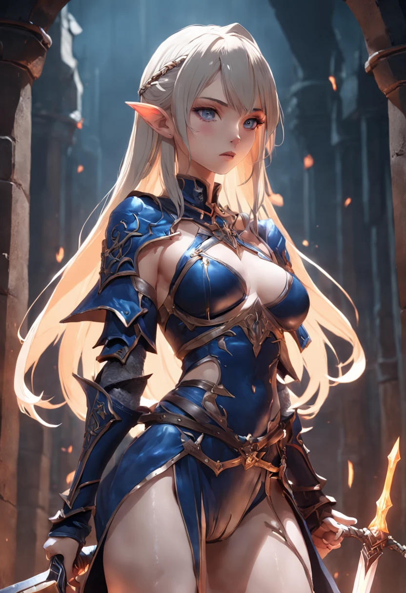 a close up of a elf woman in sexy leather medieval armor with a sword, 3 d render character art 8 k, chengwei pan on artstation, hyperdetailed fantasy character, unreal engine render + a goddess, dark sorceress in a dungeon crypt, dark and scary atmosphere