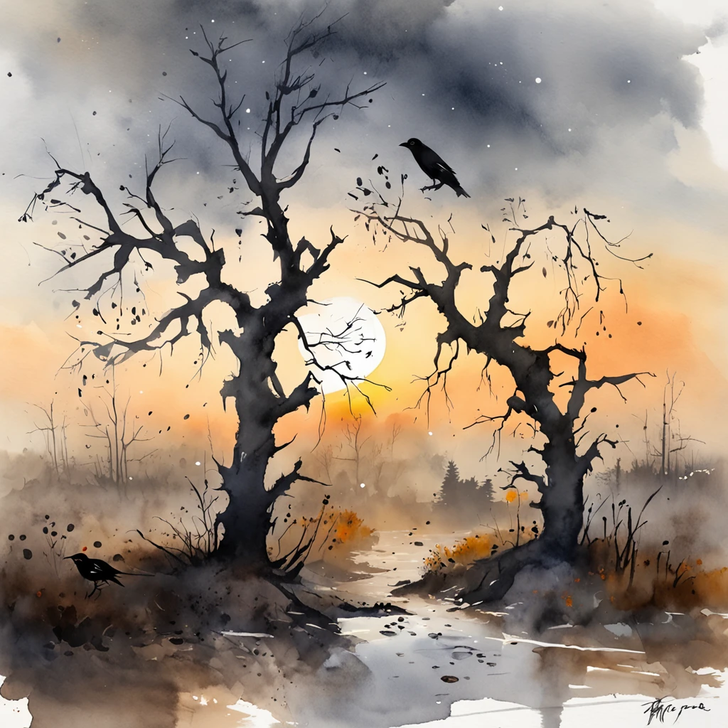 Two crows on a dead tree, A shadow shaped like a walker, Starry night, Thick fog on the ground, Blue light on the horizon, Unreal Engine 5, Cinematic, low angle photography, Motion blur, Depth of field, Dust, Cobblestones and dirt. Splash Art, dripping paint. Perfect color grading. Influenced by Karel Appel and Jeremy Mann, Full of dramatic and threatening scenes, Hyper-detailed, Beautiful, insanely details, Intricate details, editorial photography, shot with a 50mm lens, Depth of field, Tilt Blur, Shutter speed 1/1000, f/22. Lightmaps, Super bright