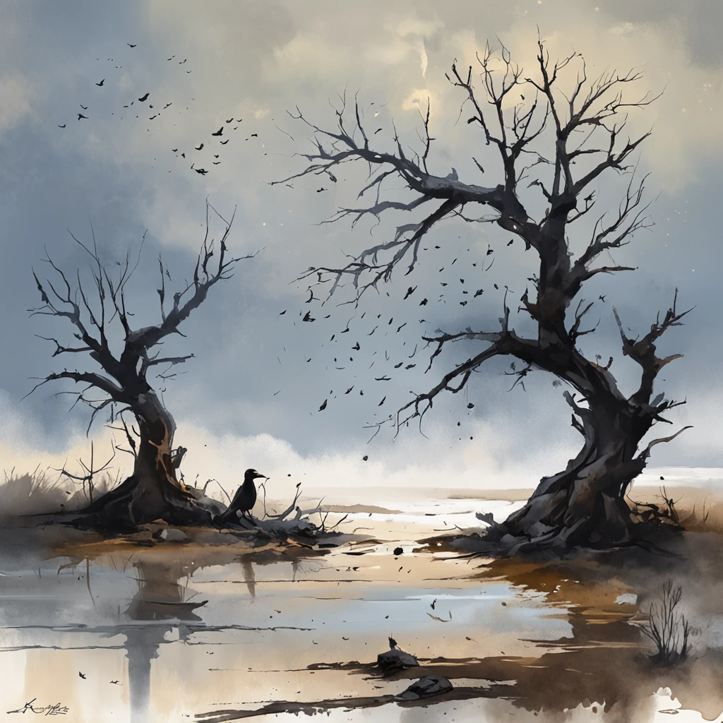 Two crows on a dead tree, A shadow shaped like a walker, Starry night, Thick fog on the ground, Blue light on the horizon, Unreal Engine 5, Cinematic, low angle photography, Motion blur, Depth of field, Dust, Cobblestones and dirt. Splash Art, dripping paint. Perfect color grading. Influenced by Karel Appel and Jeremy Mann, Full of dramatic and threatening scenes, Hyper-detailed, Beautiful, insanely details, Intricate details, editorial photography, shot with a 50mm lens, Depth of field, Tilt Blur, Shutter speed 1/1000, f/22. Lightmaps, Super bright