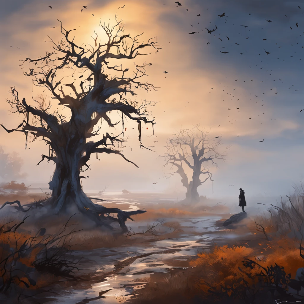 Two crows on a dead tree, A shadow shaped like a walker, Starry night, Thick fog on the ground, Blue light on the horizon, Unreal Engine 5, Cinematic, low angle photography, Motion blur, Depth of field, Dust, Cobblestones and dirt. Splash Art, dripping paint. Perfect color grading. Influenced by Karel Appel and Jeremy Mann, Full of dramatic and threatening scenes, Hyper-detailed, Beautiful, insanely details, Intricate details, editorial photography, shot with a 50mm lens, Depth of field, Tilt Blur, Shutter speed 1/1000, f/22. Lightmaps, Super bright