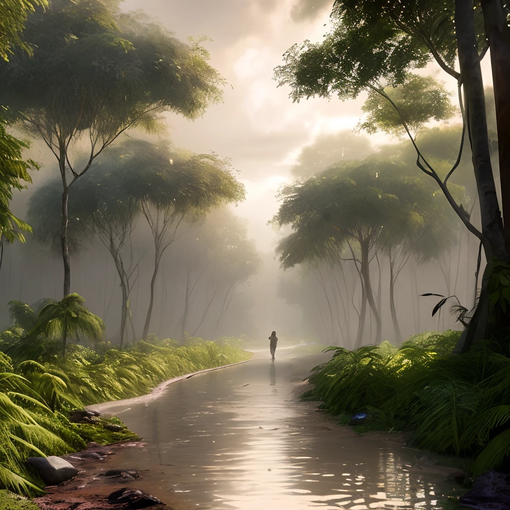A humid tropical jungle, with heavy rain, monochrome, vines all around, giant wet trees, masterpiece, best quality, high quality, 8k CG wallpaper, extremely detailed, oil painting, award winning photography, Bokeh, Depth of Field, HDR, bloom, Chromatic aberration, photorealistic, extremely detailed, trending on artstation, trending on CGsociety, intricate, high detail, dramatic, mid-journey art, volumetric lighting. Image size: 960 x 536