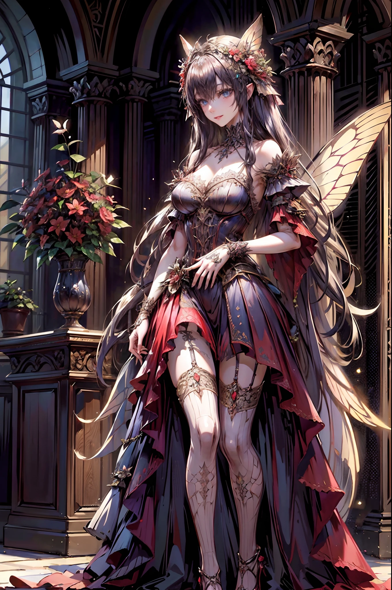 high details, best quality, 16k, RAW, [best detailed], masterpiece, best quality, (extremely detailed), full body, ultra wide shot, photorealistic, dark fantasy art, goth art, RPG art, D&D art, a picture of a dark female fairy showing flowers in a florist shop, extremely beautifil fairy, ultra feminine (intense details, Masterpiece, best quality), best detailed face (intense details, Masterpiece, best quality), having wide butterfly wings, spread buterfly wings (intense details, Masterpiece, best quality), dark colors wings (intense details, Masterpiece, best quality), black hair, long hair, shinning hair, flowing hair, shy smile, innocent smile, blue eyes, dark red lips, wearing red skirt, dynamic elegant shirt, chocker, wearing high heels, in flower shop (intense details, Masterpiece, best quality), [extreme many flowers] (intense details, Masterpiece, best quality), dark colorful flowers (intense details, Masterpiece, best quality), flower shop in a dark goth era street, model715, High Detail, Ultra High Quality, High Resolution, 16K Resolution, Ultra HD Pictures, 3D rendering Ultra Realistic, Clear Details, Realistic Detail, Ultra High Definition