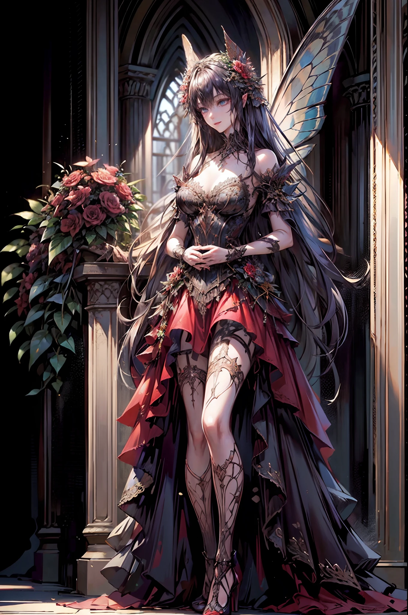 high details, best quality, 16k, RAW, [best detailed], masterpiece, best quality, (extremely detailed), full body, ultra wide shot, photorealistic, dark fantasy art, goth art, RPG art, D&D art, a picture of a dark female fairy showing flowers in a florist shop, extremely beautifil fairy, ultra feminine (intense details, Masterpiece, best quality), best detailed face (intense details, Masterpiece, best quality), having wide butterfly wings, spread buterfly wings (intense details, Masterpiece, best quality), dark colors wings (intense details, Masterpiece, best quality), black hair, long hair, shinning hair, flowing hair, shy smile, innocent smile, blue eyes, dark red lips, wearing red skirt, dynamic elegant shirt, chocker, wearing high heels, in flower shop (intense details, Masterpiece, best quality), [extreme many flowers] (intense details, Masterpiece, best quality), dark colorful flowers (intense details, Masterpiece, best quality), flower shop in a dark goth era street, model715, High Detail, Ultra High Quality, High Resolution, 16K Resolution, Ultra HD Pictures, 3D rendering Ultra Realistic, Clear Details, Realistic Detail, Ultra High Definition