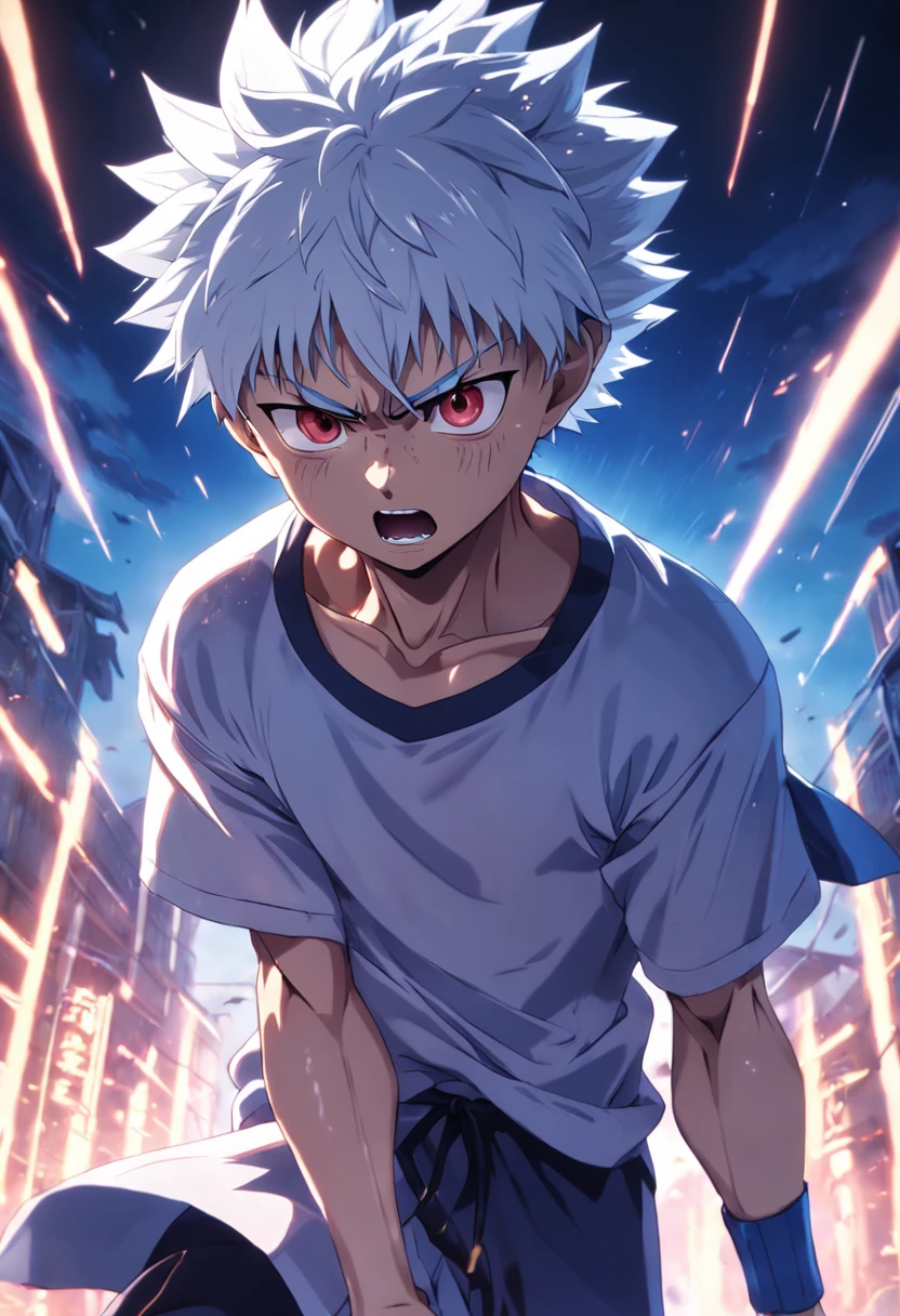 killua zolidyk angry while echo phantom please, best quality, more details, masterpiece, ray tracing, depth of field, cinematic lighting,