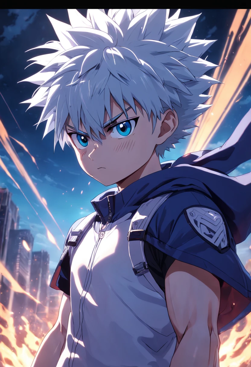 killua zolidyk angry while echo phantom please, best quality, more details, masterpiece, ray tracing, depth of field, cinematic lighting,