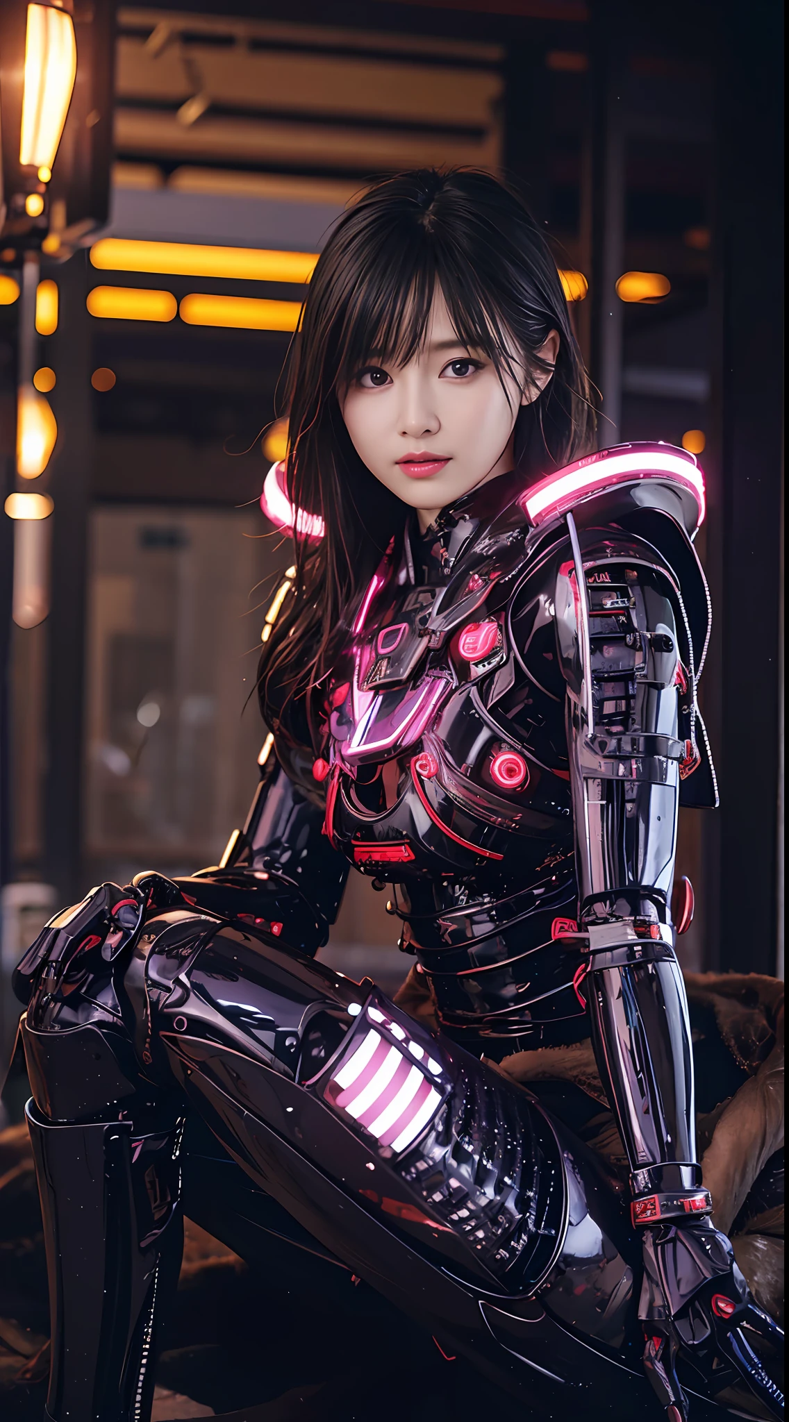 Top Quality, Masterpiece, Ultra High Resolution, (Photorealistic: 1.4), Raw Photo, 1 Girl, Black Hair, Glossy Skin, 1 Mechanical Girl, (Ultra Realistic Detail)), Portrait, Global Illumination, Shadows, Octane Rendering, 8K, Ultra Sharp, Big, Cleavage Exposed Raw Skin, Metal, Intricate Ornament Details, Japan Details, Very intricate details, realistic light, CGSoation trend, purple eyes, glowing eyes, facing the camera, neon details, mechanical limbs, blood vessels connected to the tube, mechanical vertebrae attached to the back, mechanical cervical attachment to the neck, sitting, wires and cables connecting to the head, gundam, small LED lamps,