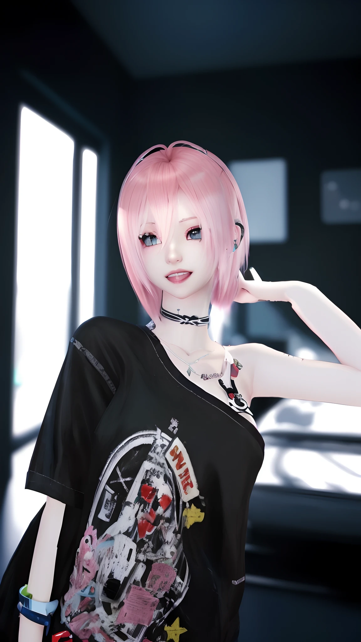 there is a woman with pink hair and a black shirt, style game square enix, pink twintail hair and cyan eyes, detailed punk hair, hints of yayoi kasuma, second life avatar, Style Game Square Enix Life, photorealistic anime girl render, cute girl with short pink hair, anime styled 3d, portrait of jossi of blackpink