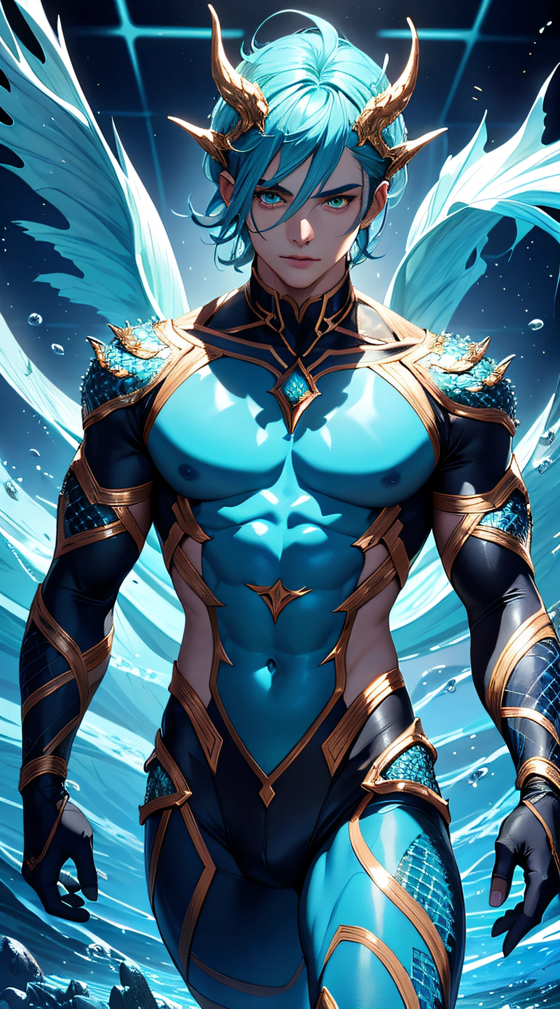 A boy, covered in shimmering fish scales, handsome face, merman, (scales grow all over the body: 0.5) Iridescent skin, hyper HD, rugged and mysterious, blue face like the ocean, raised scales, athletic build, strong shoulders, hyper HD, The muscular chest, are covered in scales, aquatic scales, long finned tail, two pointed ears, webbed hands, enchanting emerald eyes.