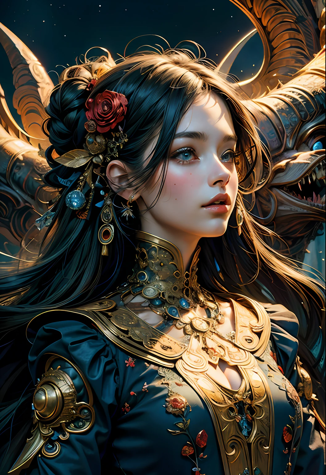 1asianfemale, HDR, 4k, 8k resolution, 10bit color, (RAW photo:1.2), (masterpiece:1.3), (photorealistic:1.4), (best quality:1.4), ultra high res, (extreme detailed illustration), (Look at viewer:1.8), very bright eyes, very beautiful face, very beautiful eyes, very beautiful woman, red and cyan and gold, shiner, focus on the face, (black eyeball:1.3), sharp focus, focus on the eyes, very real skin, very real face, very real eyes, skin tight, (shiny skin), (slender girl), dreamlike, (cloud and fire:1.6), (very detailed eyes), (detailed facial features), extremely realistic visuals, ultra realistic, (red loong as background:1.2), (Dragon Claw:1.1) no text, no watermark, no scar,