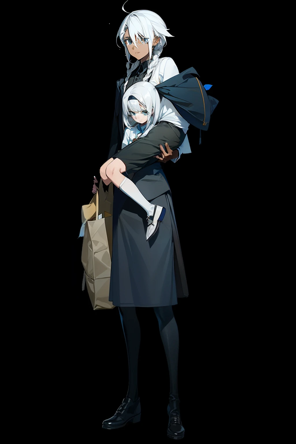 "teenage girl with white hair wearing a dress shirt, black coat, black boots, and black long pants, carrying a bag, with striking blue eyes and dark skin."