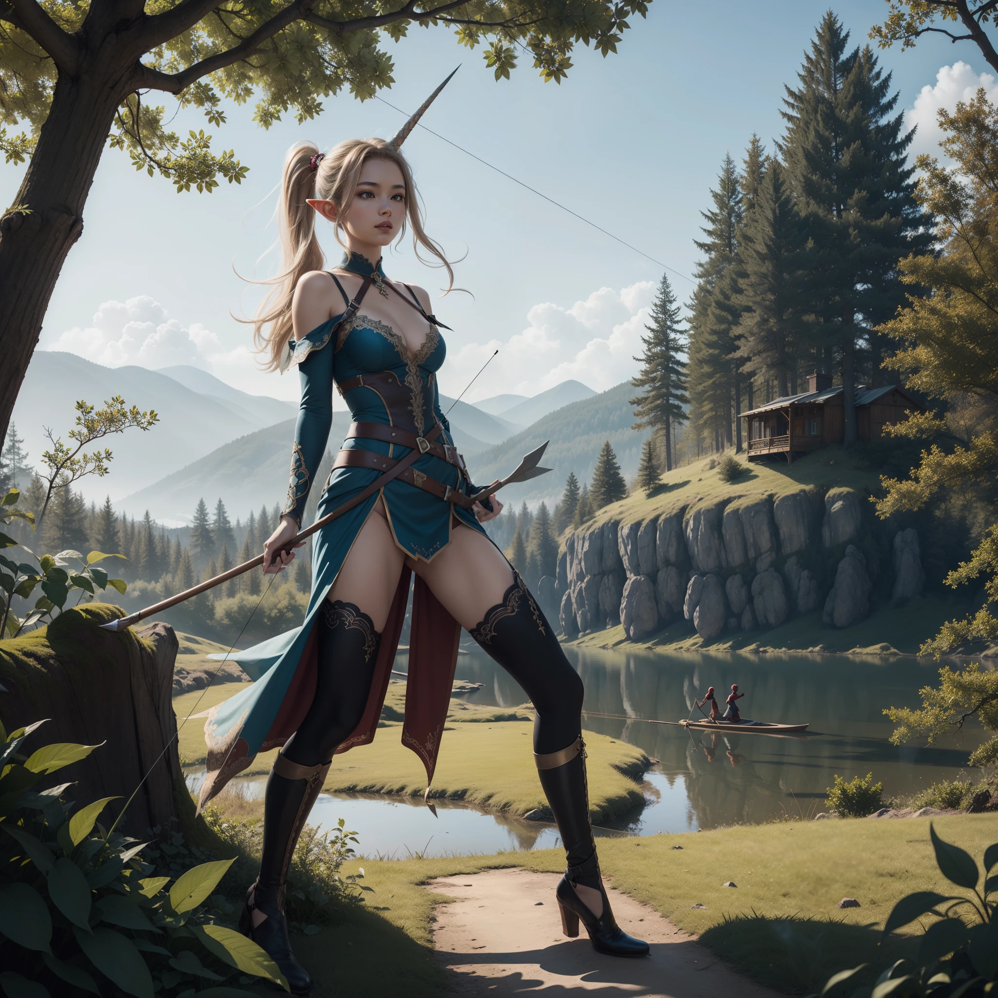 fallen wood,fantastic landscape:1.8,Elves with compound bows:1.5,dynamic pose,action:1.6,Elf with a bow:1.5,arrow,flat breasts,dynamic angle,dutch angle shot,ground-level shot,low angle,full body shot,dynamic range,hunter:1.2,One unicorn:1,3, One Girl and One Fairy:1.8,Undulating lakes:1.5,deep-forest:1.3,Blowing in the wind:1.6,Has depth:1.3,(4K), (Raw photo: 1.2), (Realism: 1.4), (masutepiece: 1.3), (exquisite detailing: 1.2), Delicate and beautiful details, (Eye Detail), (Facial Detailed), (Highest Quality) :1.4), (Hyper-Resolution: 1.2),(very detailed illustration), Best Quality, depth of fields, Wide light, natural shadows