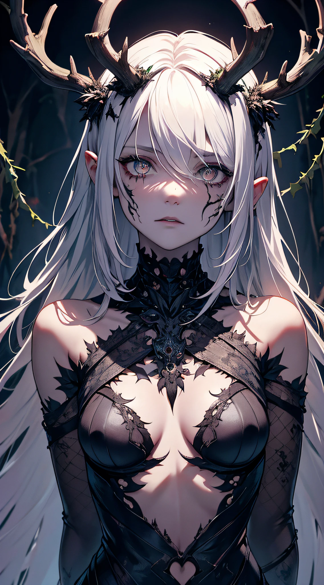 A boy, covered in decaying vines, haunting face, cursed druid, (vines spread all over the body: 1.5) Rotting skin, hyper HD, eerie and tormented, pale face like moonlit mist, writhing vines, skeletal build, mournful presence, hyper HD, The withered arms, are covered in vines, thorned tendrils, moonlit antlers, ghostly tattoos, hollow abyssal eyes.