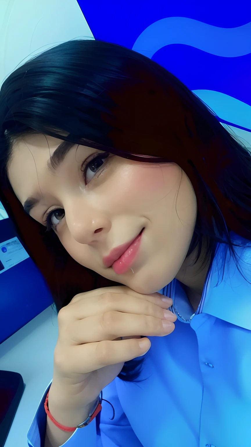 There is a woman who is posing for a photo in front of a computer, Alanis Guillen, fernanda suarez, foto de perfil, imagem de perfil, Adriana DXIM, Lorena Avarez, selfie de uma jovem mulher, Imagem, selfie shot straight on angle, Estefania Villegas Burgos, Valentina Embaralhamento, Karla Ortiz