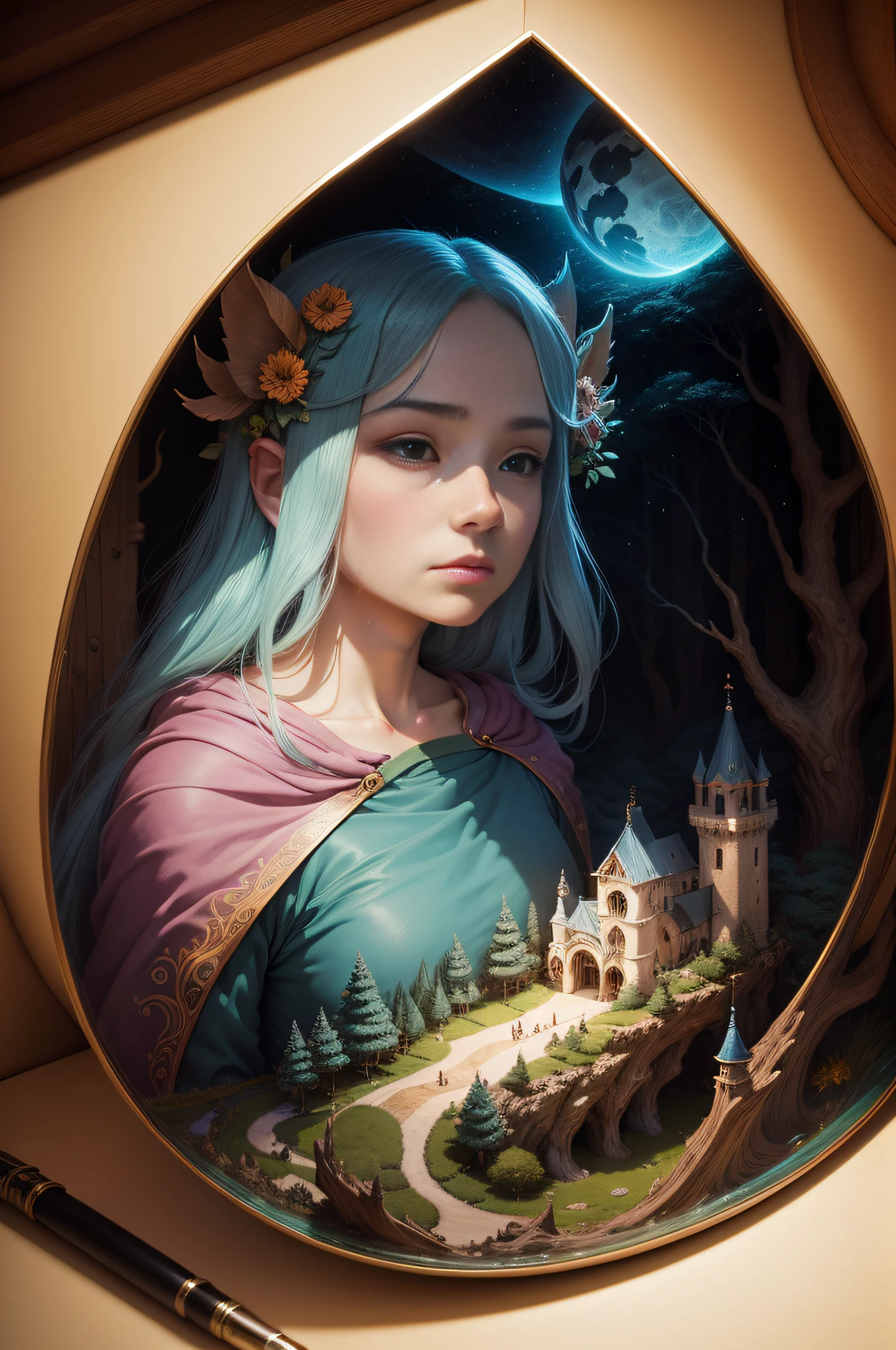/Imagine Prompt: Strange inspiration, La mejor calidad, triadic colours, La mejor calidad, Cuentos de hadas oscuros, fantasy, Primer plano detallado de Epic Magic, Beautiful woman with the lens of a camera in a magical forest against the background of a castle, puesta del sol, Folclore eslavo, Miyazaki, GHIBLI, Brian Froud, Kraola, Dan Mumford, Andy Kehoe, VITRAL, 2d, plano, Lindo, encantador, vendimia, Dibujar sobre papel agrietado, cuento de hadas, Detailed illustration of a short story collection