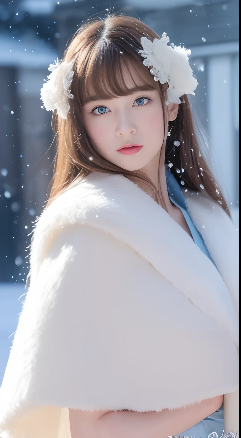 (highest quality, 8k, 32K,The details are very clear),Realistic, High resolution, 1 Japanese Women, alone, (Lolita Costume),Gorgeous costumes,Facing the audience,(Upper Body,Upper limbs), Beautiful Eyes, brown hair, Ring-shaped eyes, (outside,Heavy snowfall,Thick fur cape,Cover with snow),Snowfield,blue eyes,highest qualityのイラスト,Detailed facial features