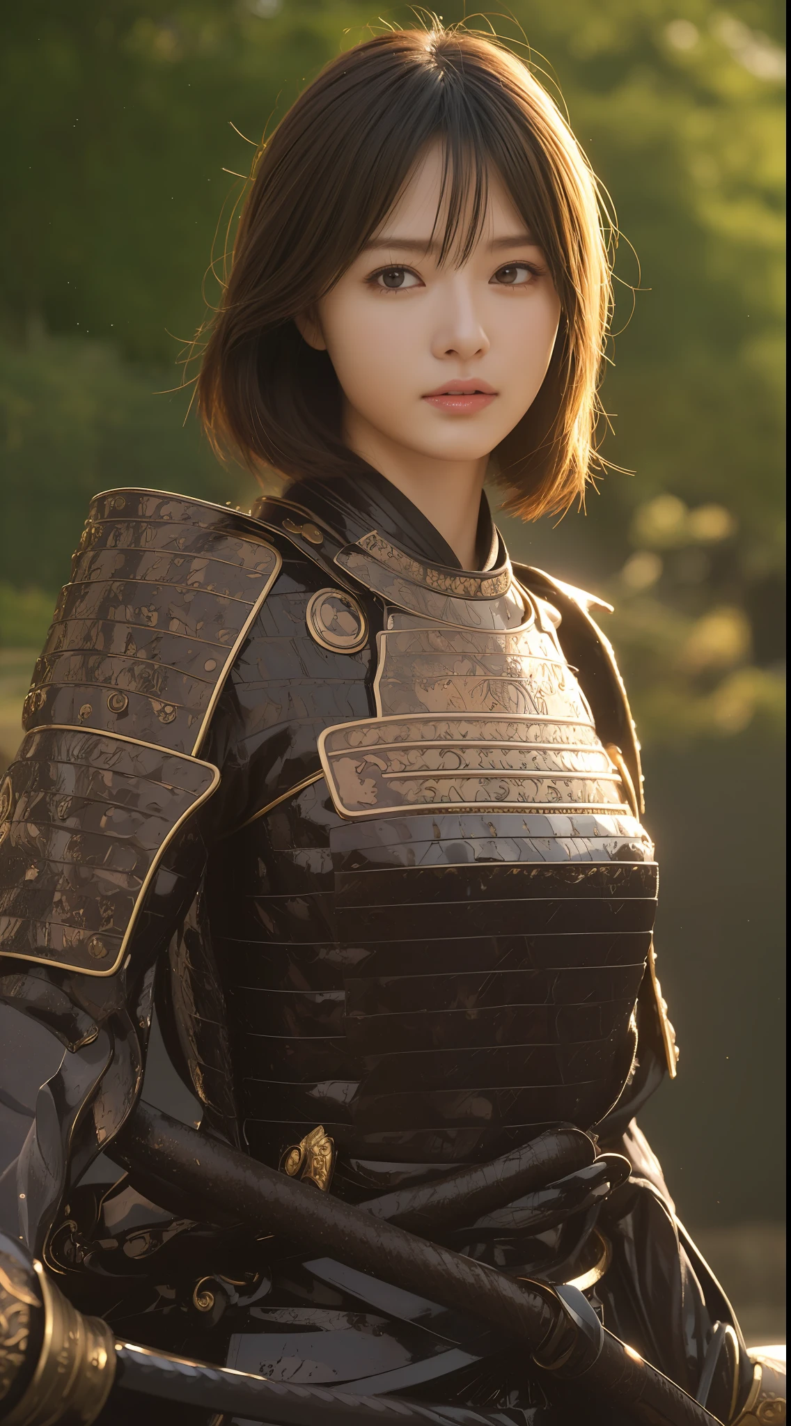 ((masutepiece))), ((Best Quality)), ((ultra-detailliert)), (Surreal), (High Definition CG Illustration), Cinematic Light, Realistic, Very beautiful young lady, Sexy, Big breasts, Light makeup,, Intricate details EABA, cloaks, spear、Samurai、s Armor、Japanese Katana Sword、