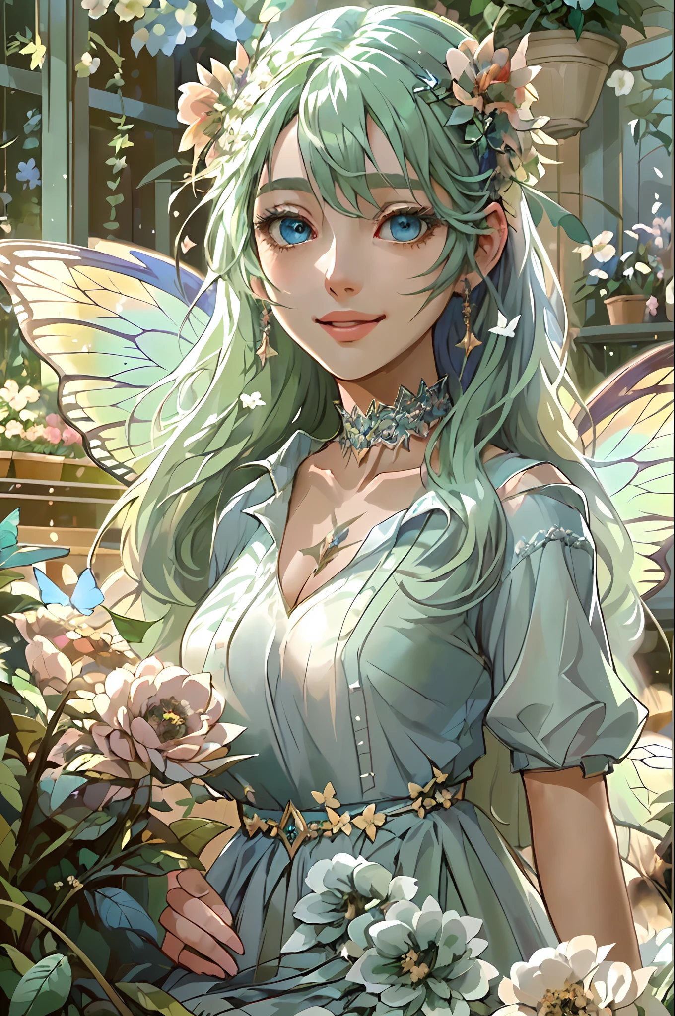 high details, best quality, 16k, RAW, [best detailed], masterpiece, best quality, (extremely detailed), full body, ultra wide shot, photorealistic, fantasy art, RPG art, D&D art, a picture of a fairy selling flowers in a florist shop, extremely beautifil fairy, ultra feminine (intense details, Masterpiece, best quality), butterfly wings (intense details, Masterpiece, best quality), multy colors wings (intense details, Masterpiece, best quality), light green hair, long hair, shinning hair, flowing hair, shy smile, innocent smile, blue eyes, wearing bright skirt, dynamic elegant shirt, chocker, wearing high heels, in flower shop (intense details, Masterpiece, best quality), extreme many flowers (intense details, Masterpiece, best quality), colorful flowers (intense details, Masterpiece, best quality), flower shop in a modern era street, High Detail, Ultra High Quality, High Resolution, 16K Resolution, Ultra HD Pictures, Ultra Realistic, Clear Details, Realistic Detail, Ultra High Definition