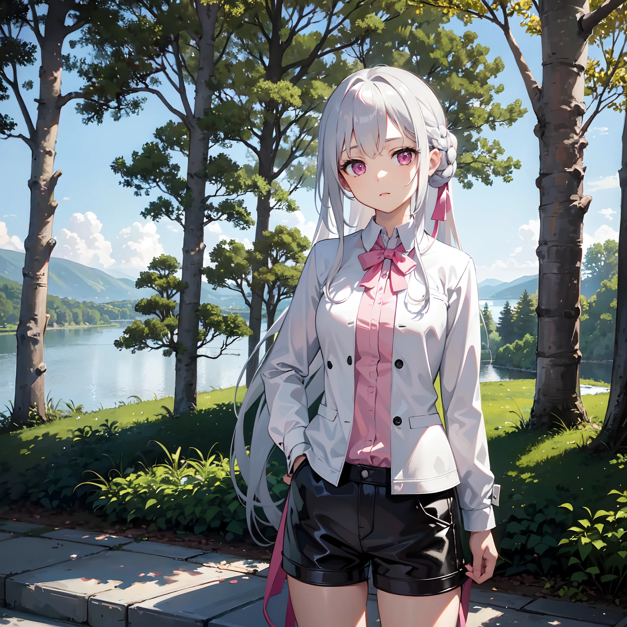 masterpiece, best quality, sharp focus, 1girl, solo, medium breasts, silver hair, long hair, french braid, pink eyes, white shirt, black jacket, leather shorts, standing, head tilt, hands on pockets, lake, trees, forest scenery