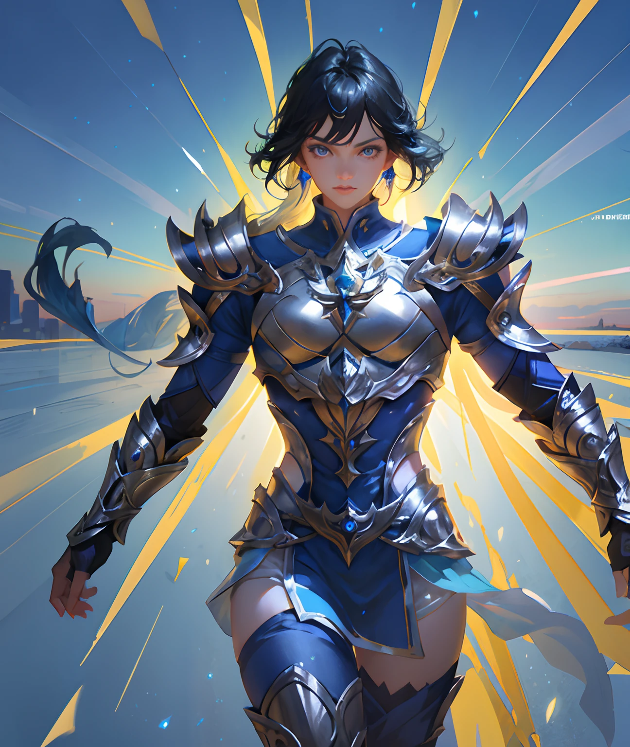 Ultra-high saturation，（tmasterpiece）， fully body photo，（best qualtiy）， （1girll）， starryskybackground，Wearing shiny gold armor， Sexy lingerie type armor，Expose your chest，Expose the waistline，Exposing thighs，cool-pose， Saint Seiya Armor， messy  hair，high detal, Anime style, Cinematic lighting, Sparkle, god light, Ray traching, filmgrain, hyper HD, textureskin, super detailing, Anatomical correct, A high resolution，Ultra-high saturation，hight contrast，High-gloss armor，Smooth skin，Serious expressions,Dark room,