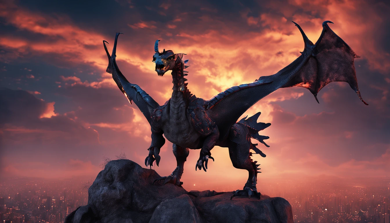 Dragon, color cobre, con una corona de cuernos, alas gigantes en su lomo, escupe electricidad por la boca, sobrevuela una gran ciudad futurista, Destruction, ojos azules, explosiones, el cielo es nocturno con una luna grande de fondo.