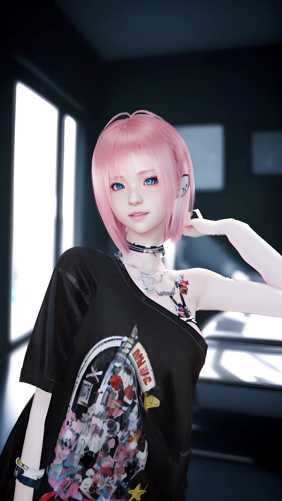 there is a woman with pink hair and a black shirt, style game square enix, pink twintail hair and cyan eyes, detailed punk hair, hints of yayoi kasuma, second life avatar, Style Game Square Enix Life, photorealistic anime girl render, cute girl with short pink hair, anime styled 3d, portrait of jossi of blackpink