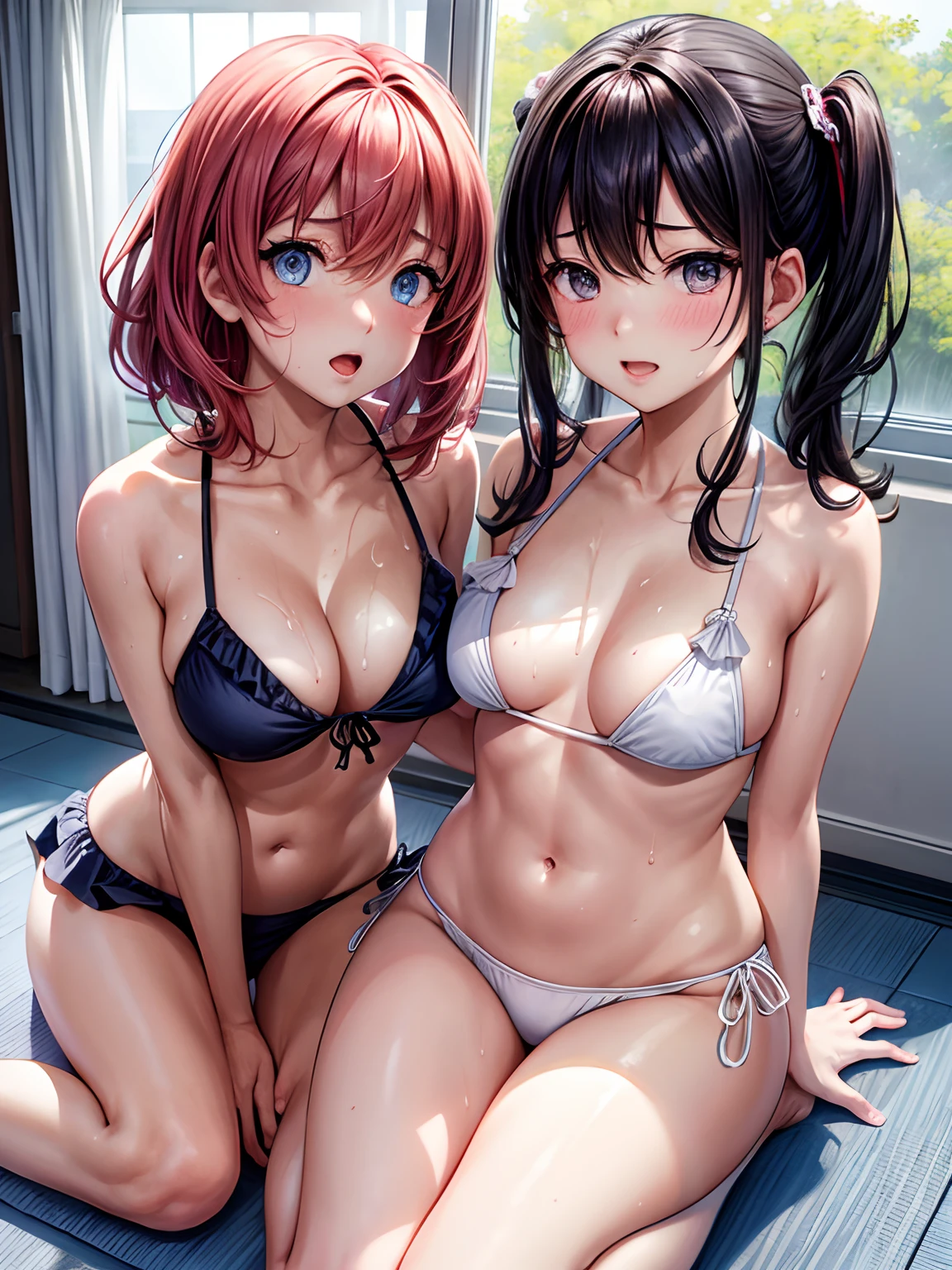 lighting like a movie、Sex with two girls、school classrooms、Ruffled bikini、embarrassed from、Wearing sweat、full of sweat、cum on the body、fullllbody、Full body、Normal bit、