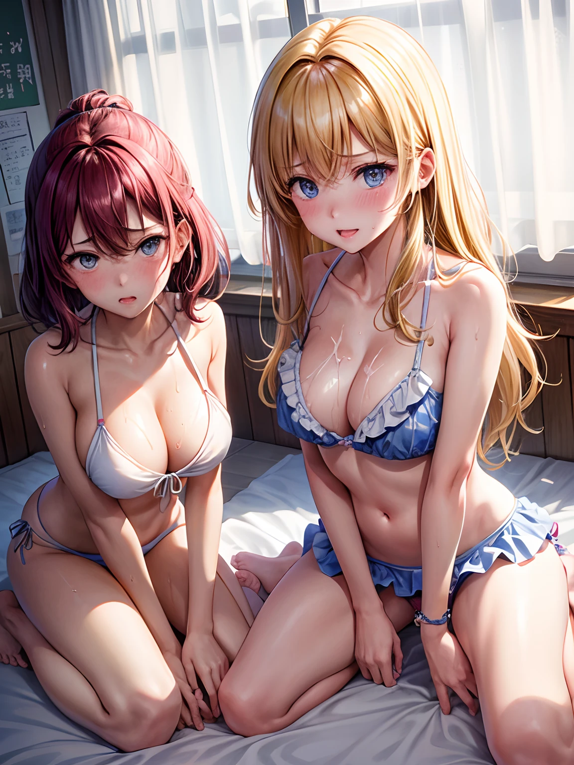 lighting like a movie、Sex with two girls、school classrooms、Ruffled bikini、embarrassed from、Wearing sweat、full of sweat、cum on the body、fullllbody、Full body、Normal bit、