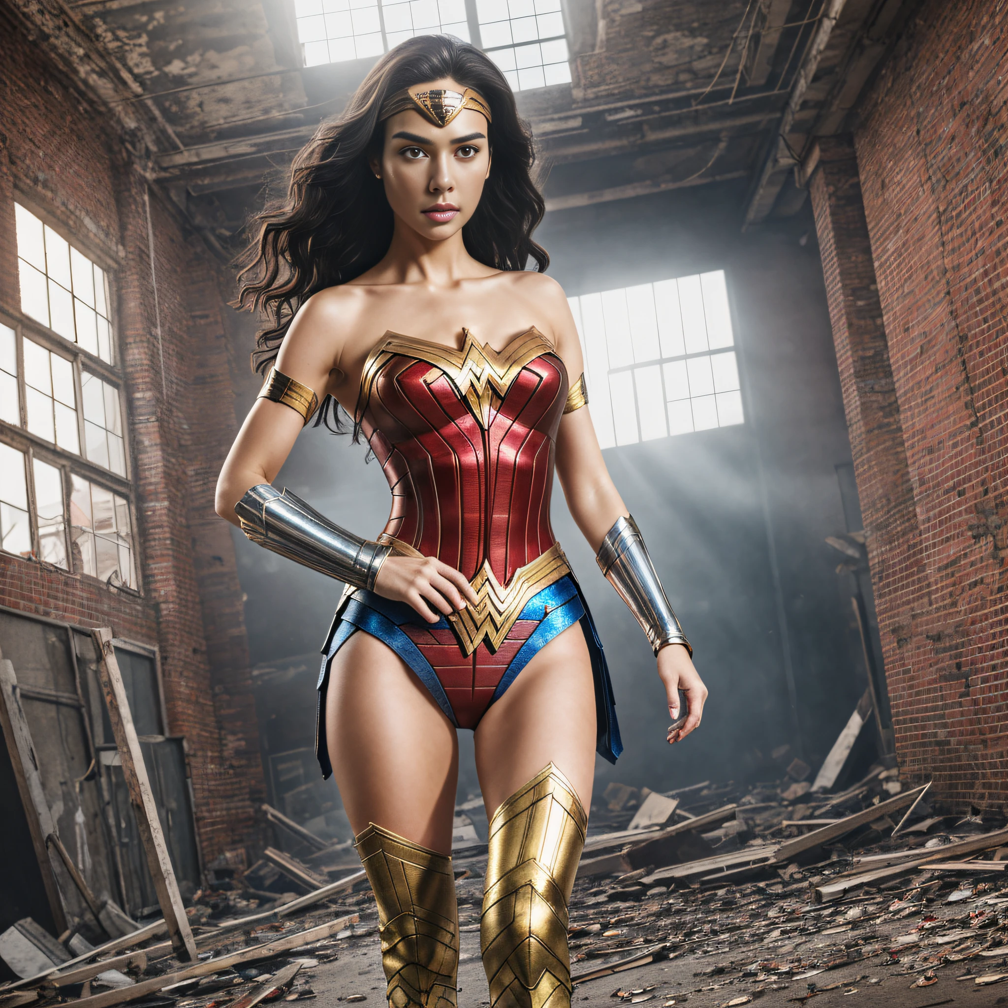 Wonder Woman, RAW, Masterpiece, Super Fine Photo, Best Quality, Ultra High Resolution, Photorealistic Photorealism, Sunlight, Full Body Portrait, Amazing Beauty, Dynamic Pose, Delicate Face, Vibrant Eyes, She Wears Futuristic Red and Gold Color Scheme, No Panties, Very Detailed Abandoned Warehouse Background, Detailed Face, Detailed Complex Busy Background, Messy, Gorgeous, Highly Detailed Skin, Realistic Skin Details, Visible Pores, Sharp Focus, Volumetric Fog, 8K UHD, DSLR Camera, High Quality, photorealism, lomography, translucent