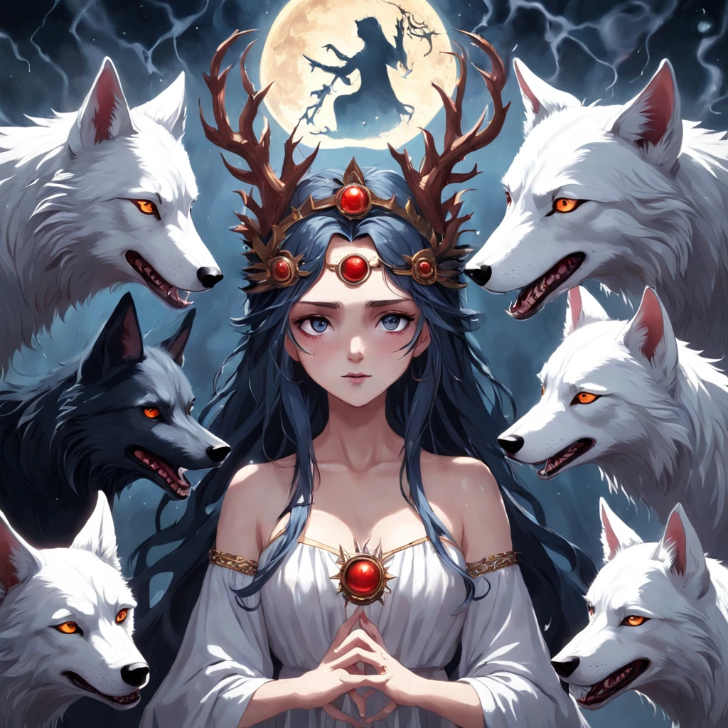 a photo of a woman with a crown and three wolves, hecate goddess, Hecate, pagan goddess, Deusa do Submundo, Norse goddess, persephone as goddess of death, Deusa da Raiva, Rainha do Submundo, deusa. detalhes extremamente altos, Mito grego do ritual escuro, Deusa da morte, the goddess hestia, Rainha do Inferno
