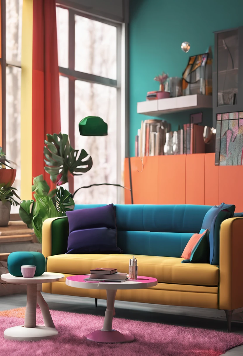 Vibrant sofa in room with abstract geometric shapes. Postmodern memphis style interior design of modern living room.
