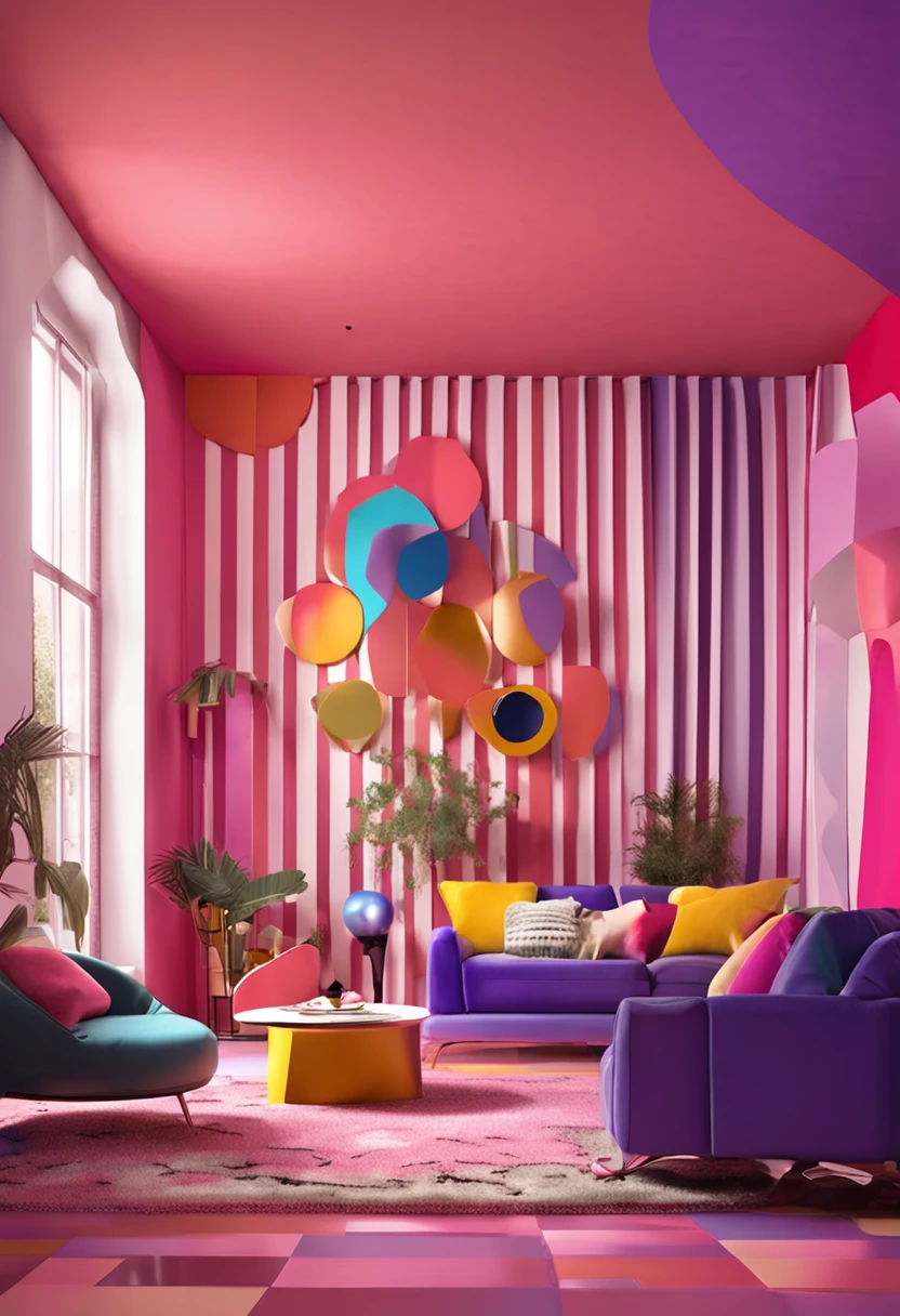 Vibrant sofa in room with abstract geometric shapes. Postmodern memphis style interior design of modern living room.