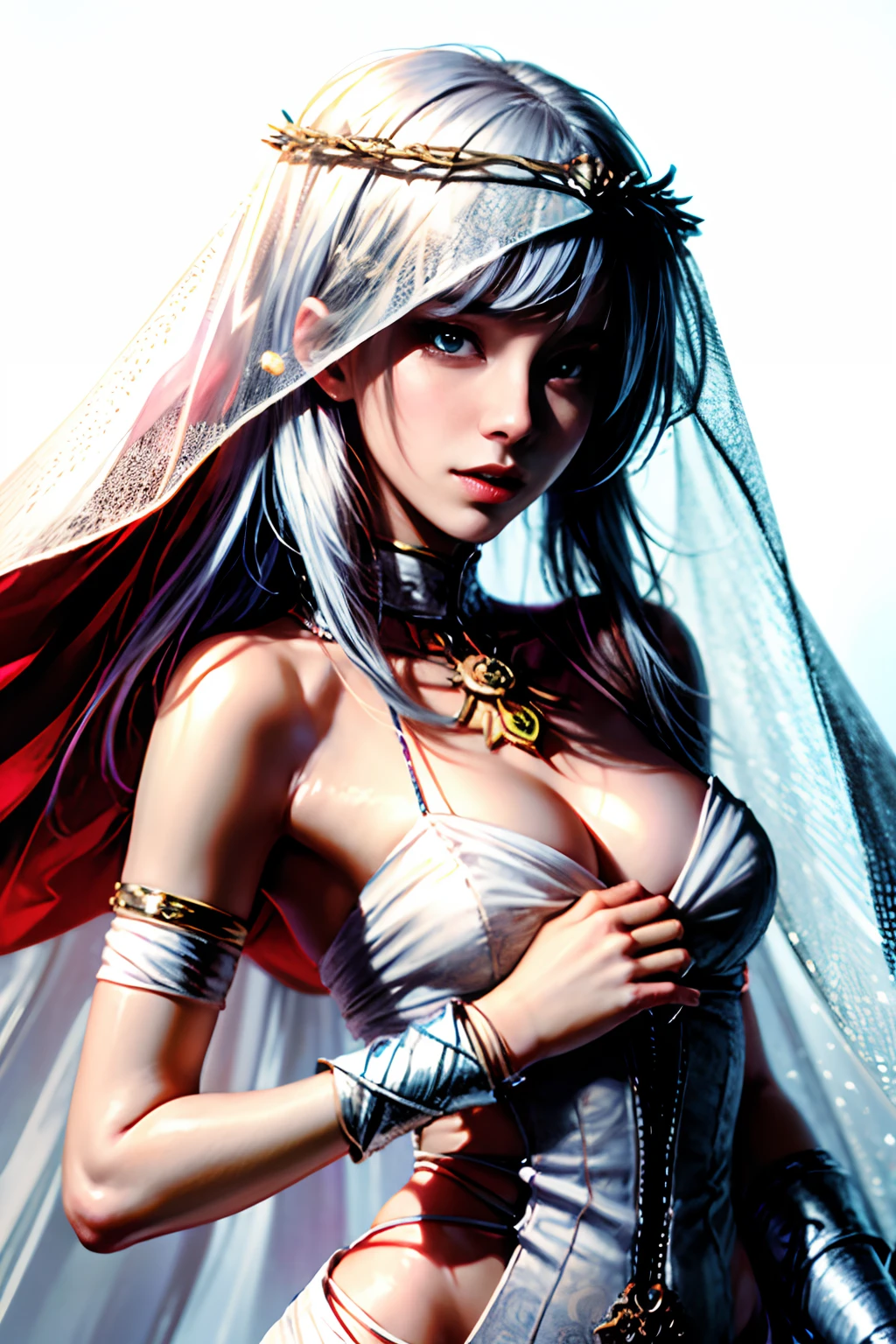 (tmasterpiece), (beste-Qualit), realisti, cinematiclight, Hinata from Naruto smiles, in a bride's dress with a veil,cool pose, battlefield background, the perfect body, white eyes, white colored hair