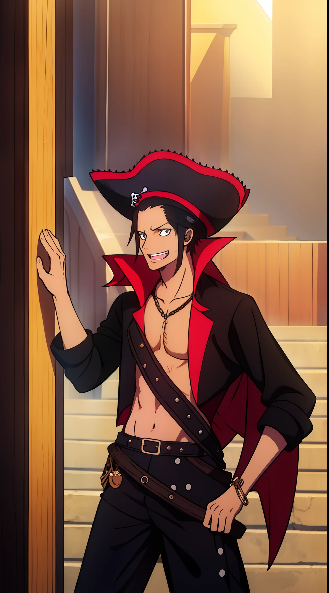 a black skinned guy, with long black hair, using pirate clothes