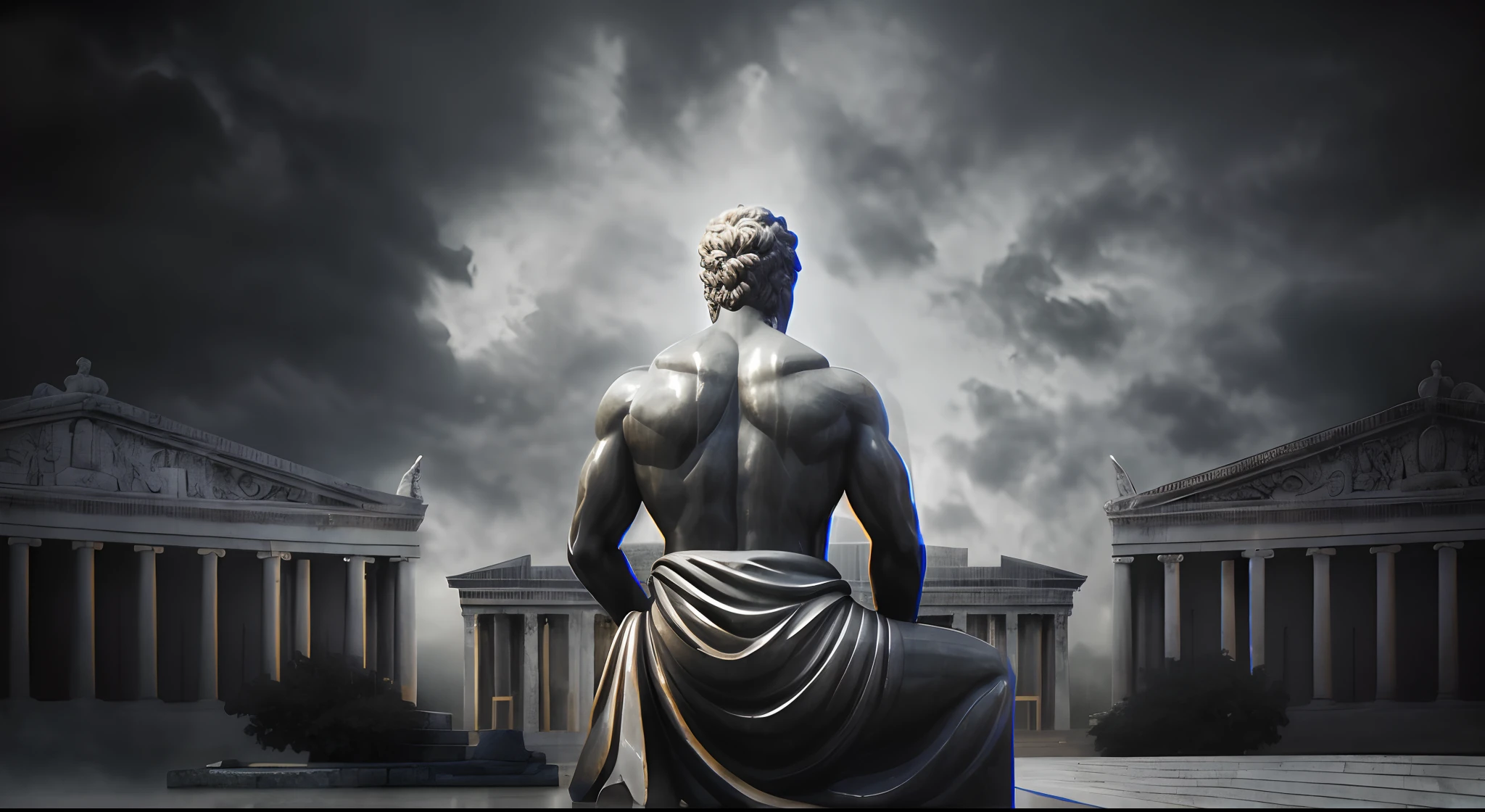Statue of a man sitting on a stone bench in front of a building, Classicismoo artstyle, O Deus Grego, big video statues, deus grego, Olympian God, Mito grego pintura digital, architecture carved for a titan, Epic album cover, posing like a statue, dystopian digital art, Classicismo, stoic, Epic Music album cover, raining, lighting