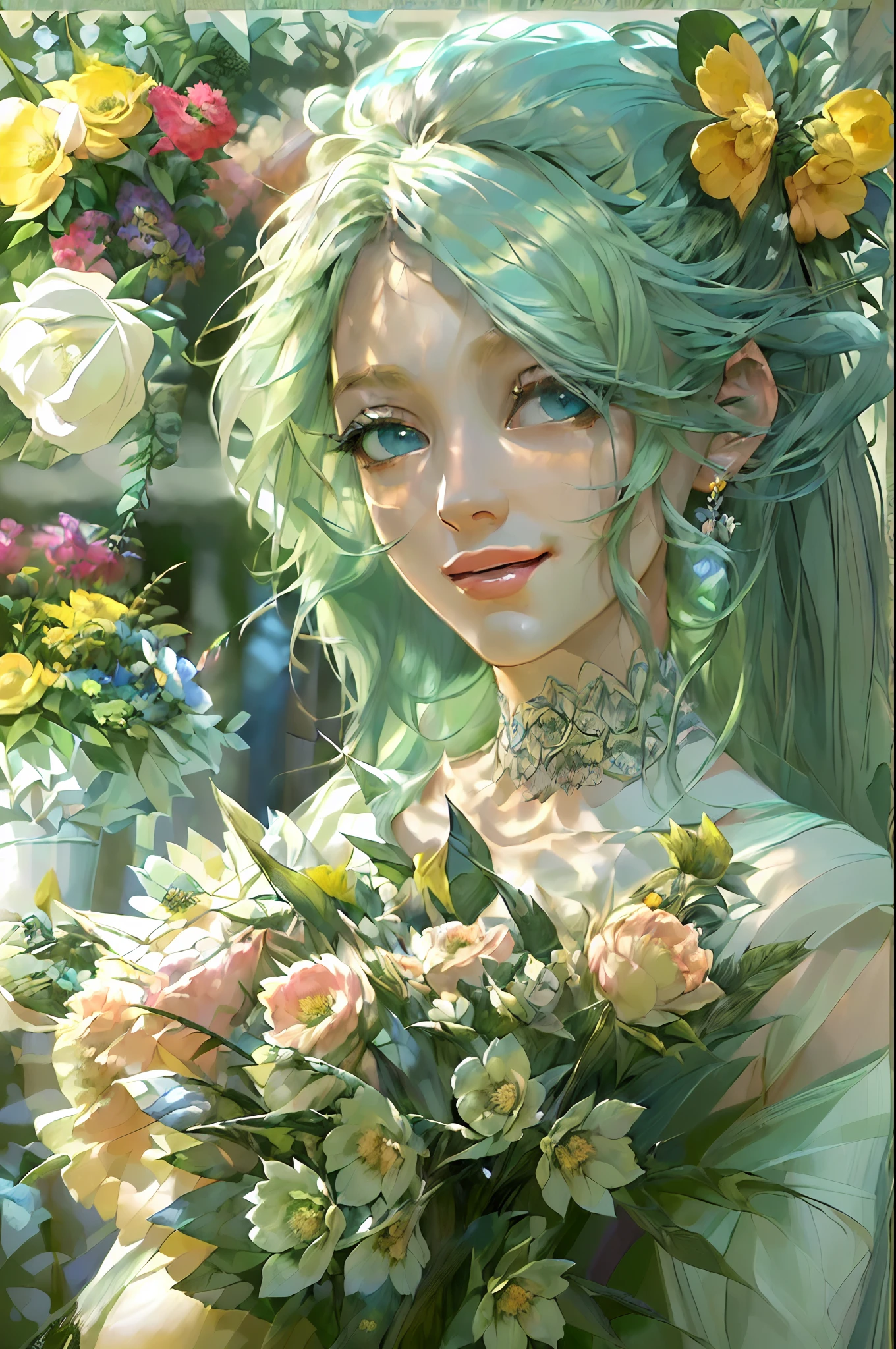 high details, best quality, 16k, RAW, [best detailed], masterpiece, best quality, (extremely detailed), full body, ultra wide shot, photorealistic, fantasy art, RPG art, D&D art, a picture of a fairy selling flowers in a florist shop, extremely beautifil fairy, ultra feminine (intense details, Masterpiece, best quality), butterfly wings (intense details, Masterpiece, best quality), multy colors wings (intense details, Masterpiece, best quality), light green hair, long hair, shinning hair, flowing hair, shy smile, innocent smile, blue eyes, wearing bright skirt, dynamic elegant shirt, chocker, wearing high heels, in flower shop (intense details, Masterpiece, best quality), extreme many flowers (intense details, Masterpiece, best quality), colorful flowers (intense details, Masterpiece, best quality), flower shop in a modern era street, High Detail, Ultra High Quality, High Resolution, 16K Resolution, Ultra HD Pictures, Ultra Realistic, Clear Details, Realistic Detail, Ultra High Definition