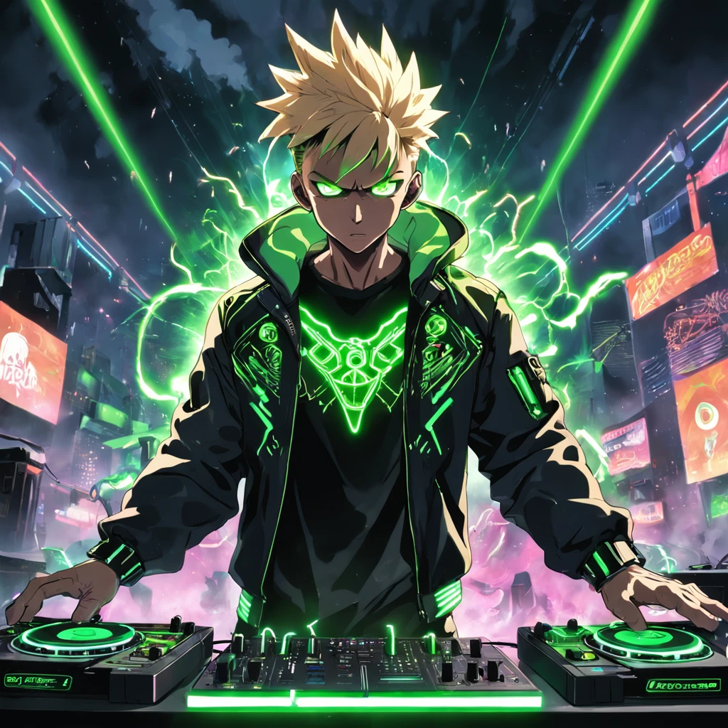 HYPER REALISTIC,ANGRY, RAGE UNLEASHED!!!, POWER-UP, CHARGED POWER OF LIGHTNING, GREEN SPARKS EPIC HYPERCHARGED, CYBORG MAN DJ WEARING CYBERNETIC BLACK NEON JACKET WITH GREEN GLOWING EYES, WITH BLONDE MOWHAWK, ON THE DJ DECKS SURROUNDED BY LIGHTNING AND SMOKE, WITH A NEON SIGN IN THE BACKGROUND WRITTEN "ICONIC", EPIC RAVE SCENE, EPIC LIGHTSHOW, HYPE, BLOOM LIGHTING
