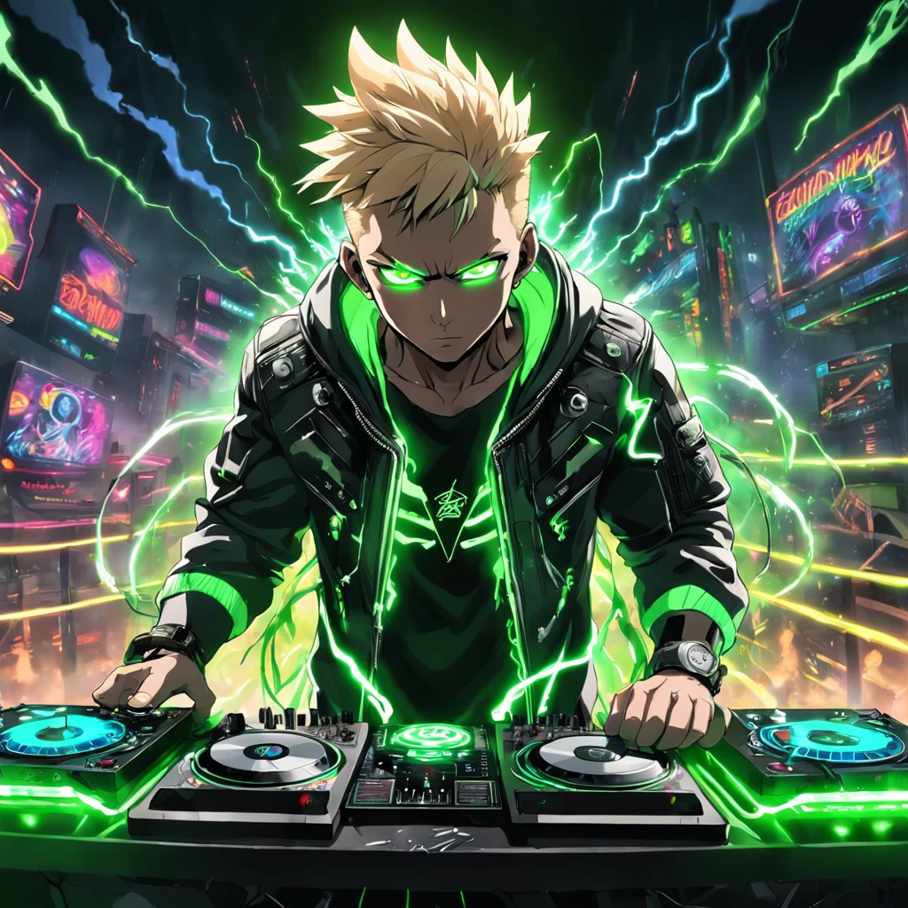 HYPER REALISTIC,ANGRY, RAGE UNLEASHED!!!, POWER-UP, CHARGED POWER OF LIGHTNING, GREEN SPARKS EPIC HYPERCHARGED, CYBORG MAN DJ WEARING CYBERNETIC BLACK NEON JACKET WITH GREEN GLOWING EYES, WITH BLONDE MOWHAWK, ON THE DJ DECKS SURROUNDED BY LIGHTNING AND SMOKE, WITH A NEON SIGN IN THE BACKGROUND WRITTEN "ICONIC", EPIC RAVE SCENE, EPIC LIGHTSHOW, HYPE, BLOOM LIGHTING