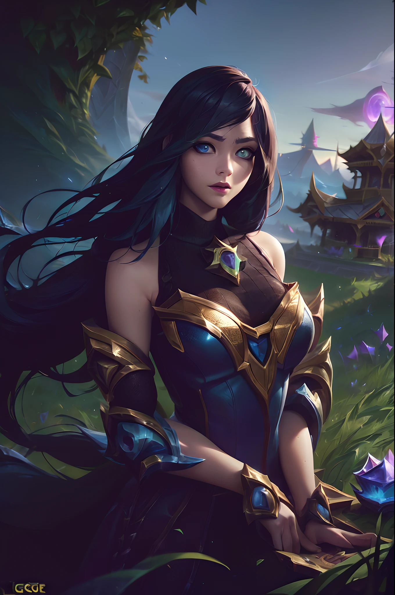 (League of Legends:1.5), Maple Leaf Mech, best quality, HDR, high-definition, intricate details, cinematic, photorealistic, 1 girl, flowy dress, illustration, fisheye lens, high contrast, sharp focus, digital painting, beautiful clouds, flowing hair, high grass, high angle, very deep eyes, cute face,