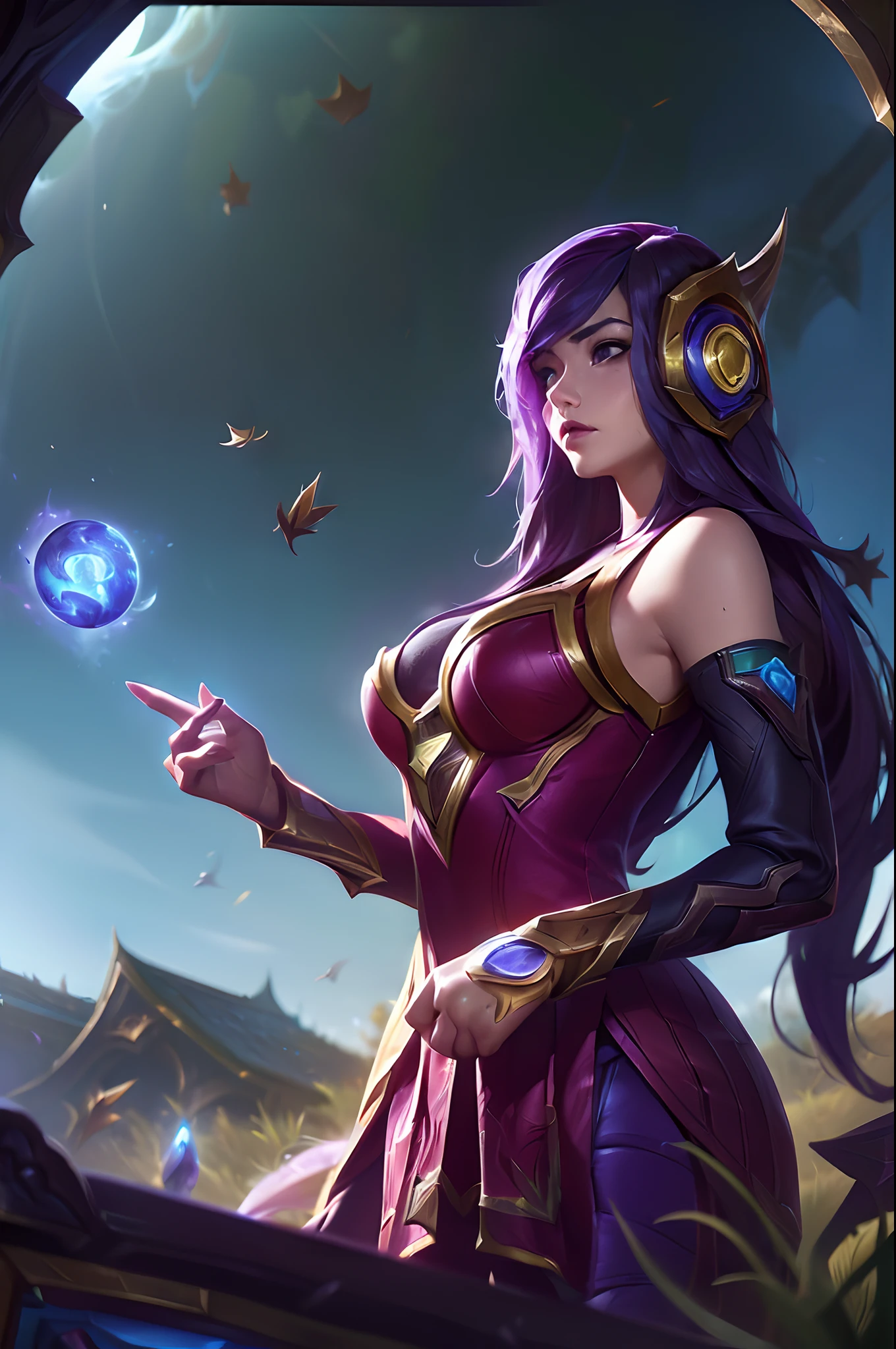 (League of Legends:1.5), Maple Leaf Mech, best quality, HDR, high-definition, intricate details, cinematic, photorealistic, 1 girl, flowy dress, illustration, fisheye lens, high contrast, sharp focus, digital painting, beautiful clouds, flowing hair, high grass, high angle, very deep eyes, cute face,