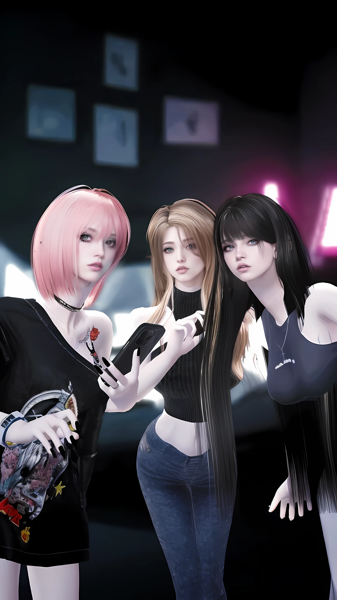 Three women with long hair and black tops standing next to each other, e-Girl, e - girl, black pink, inspired by Sim Sa-jeong, nffsw, imvu, artwork in the style of guweiz, Anime style. 8K, secondlife, realism artstyle, realistic art style, 🌺 cgsociety, Trending on CGSTATION, Goth aesthetics