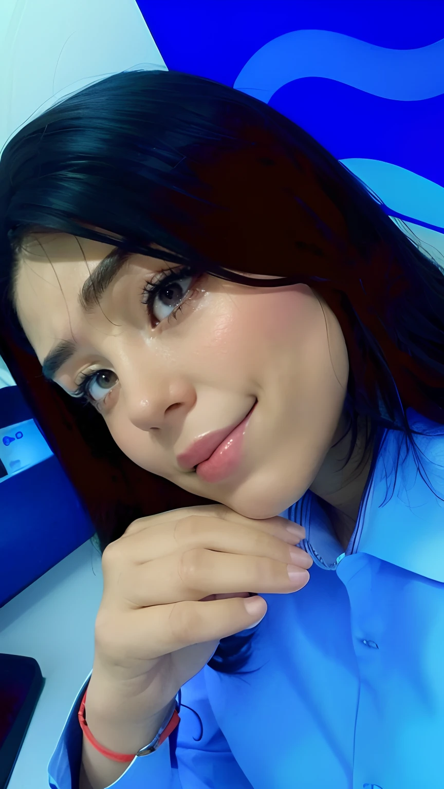 There is a woman who is posing for a photo in front of a computer, Alanis Guillen, fernanda suarez, Foto do perfil, imagem de perfil, Adriana DXIM, Lorena Avarez, selfie de uma jovem mulher, Imagem, selfie shot straight on angle, Estefania Villegas Burgos, Valentina Embaralhamento, Karla Ortiz, :( cyberpunk )