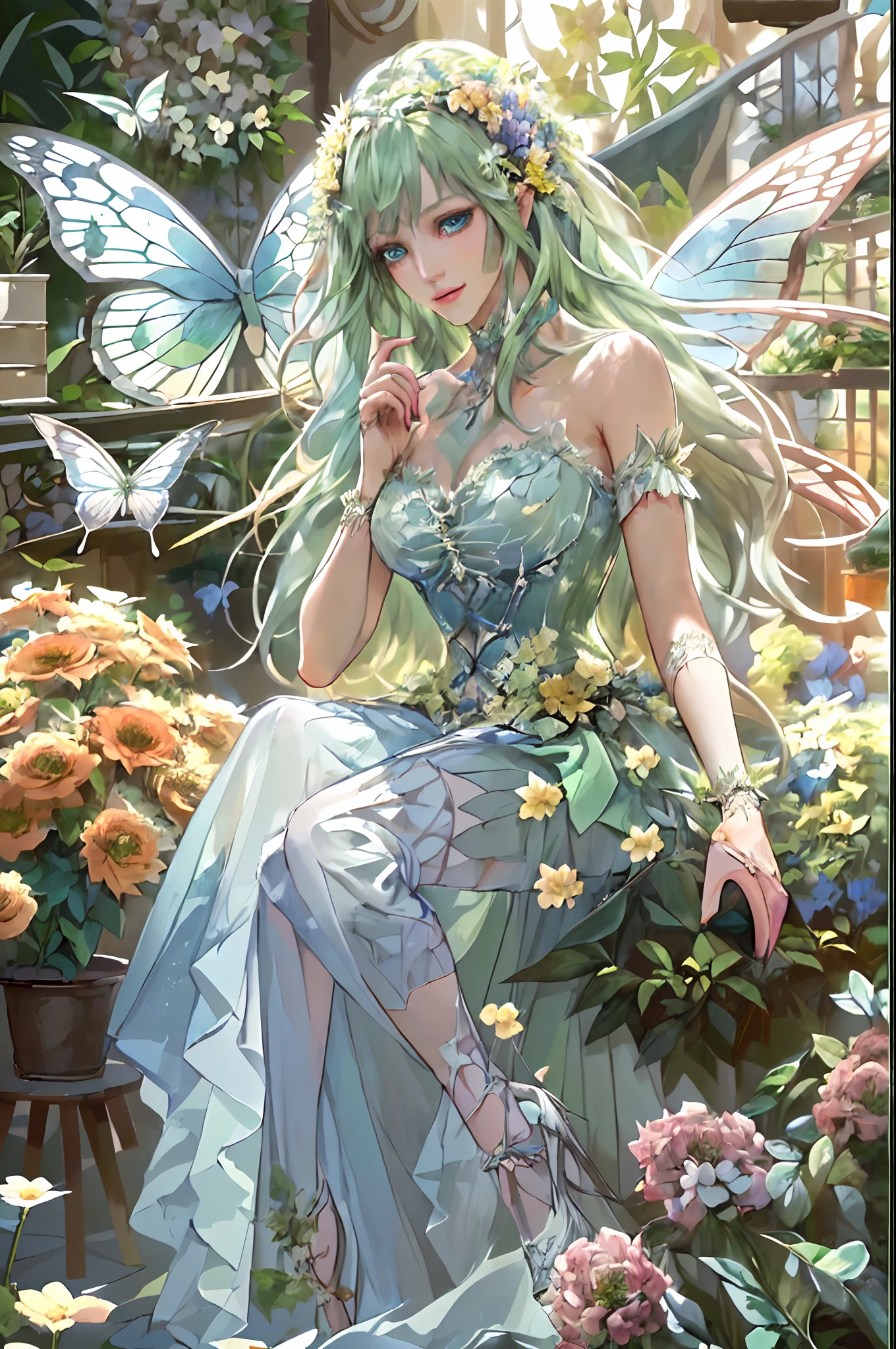 high details, best quality, 16k, RAW, [best detailed], masterpiece, best quality, (extremely detailed), full body, ultra wide shot, photorealistic, fantasy art, RPG art, D&D art, a picture of a fairy selling flowers in a florist shop, extremely beautifil fairy, ultra feminine (intense details, Masterpiece, best quality), butterfly wings (intense details, Masterpiece, best quality), multy colors wings (intense details, Masterpiece, best quality), light green hair, long hair, shinning hair, flowing hair, shy smile, innocent smile, blue eyes, wearing bright skirt, dynamic elegant shirt, chocker, wearing high heels, in flower shop (intense details, Masterpiece, best quality), extreme many flowers (intense details, Masterpiece, best quality), colorful flowers (intense details, Masterpiece, best quality), flower shop in a modern era street, High Detail, Ultra High Quality, High Resolution, 16K Resolution, Ultra HD Pictures, Ultra Realistic, Clear Details, Realistic Detail, Ultra High Definition