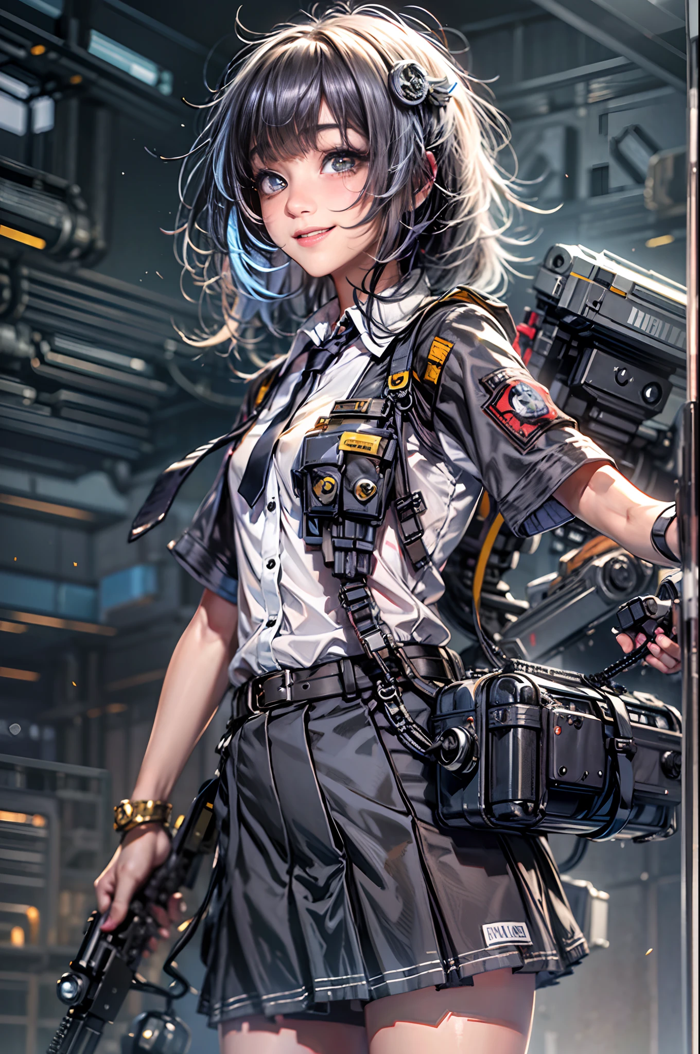 Photorealsitic, hight resolution, 1 rapariga, Korea person, Heterochromia eyes, small moles under eyes,(tmasterpiece), (top-quality), realisticlying, ciinematic light, ((Smiling schoolgirl with machine gun)),  Posing with sexual overtones, Battlefield Background, the perfect body, Black eyes, Black hair、Blunt bangs、
