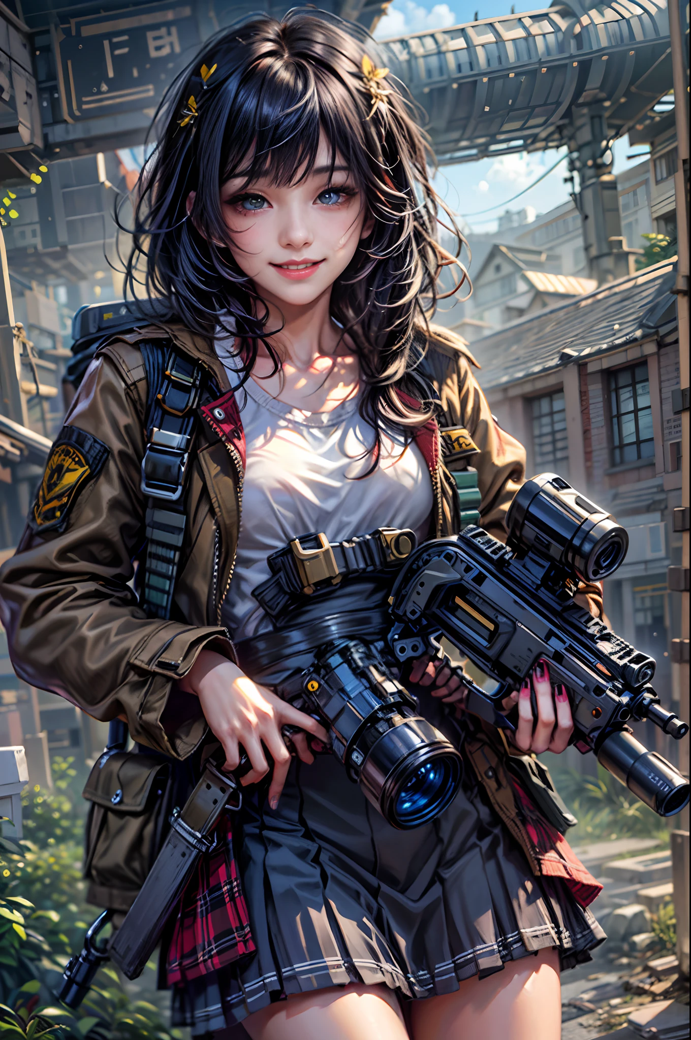 Photorealsitic, hight resolution, 1 rapariga, Korea person, Heterochromia eyes, small moles under eyes,(tmasterpiece), (top-quality), realisticlying, ciinematic light, ((Smiling schoolgirl with machine gun)), Posing with sexual overtones, Battlefield Background, the perfect body, Black eyes, Black hair、Blunt bangs、