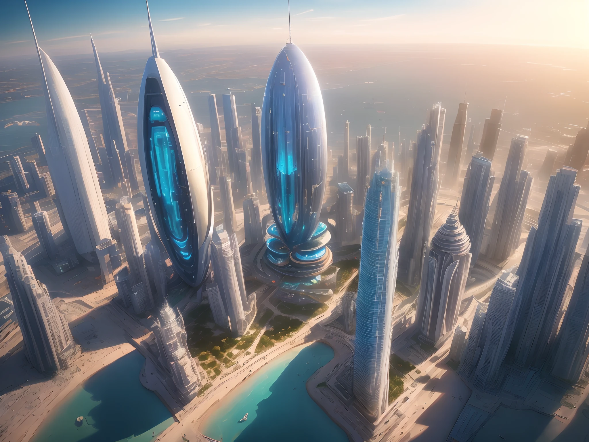 fiction, arte futurista, utopian city, aerial view, de cima para baixo, buildings and constructions in gleaming metal, luz do nascer do sol, arte intrincada, 8K