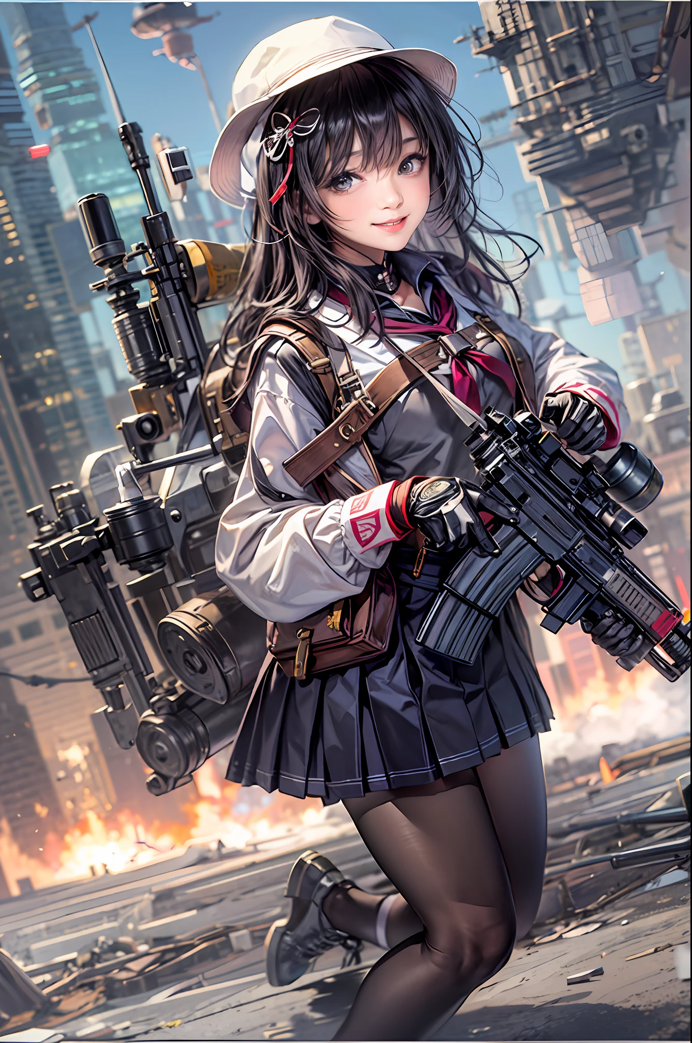 (tmasterpiece), (top-quality), realisticlying, ciinematic light, ((Smiling girl with machine gun)),  Posing with sexual overtones, Battlefield Background, the perfect body, Black eyes, Black hair、Blunt bangs、