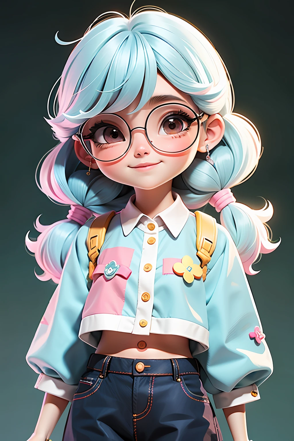 **** cute girl, cabelo preso, cabelo solto, modern accessories , Eyeglasses, olhos detalhados, sorriso detalhados, detalhes detalhados, Holographic,  fundo claro e simples