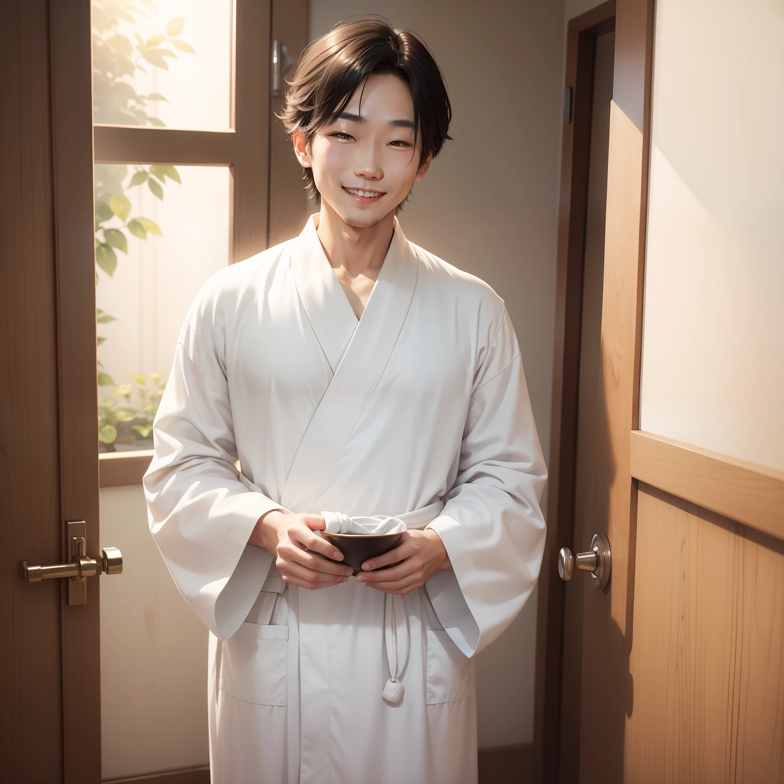 white clothes、Asians、bathrobe、a smile