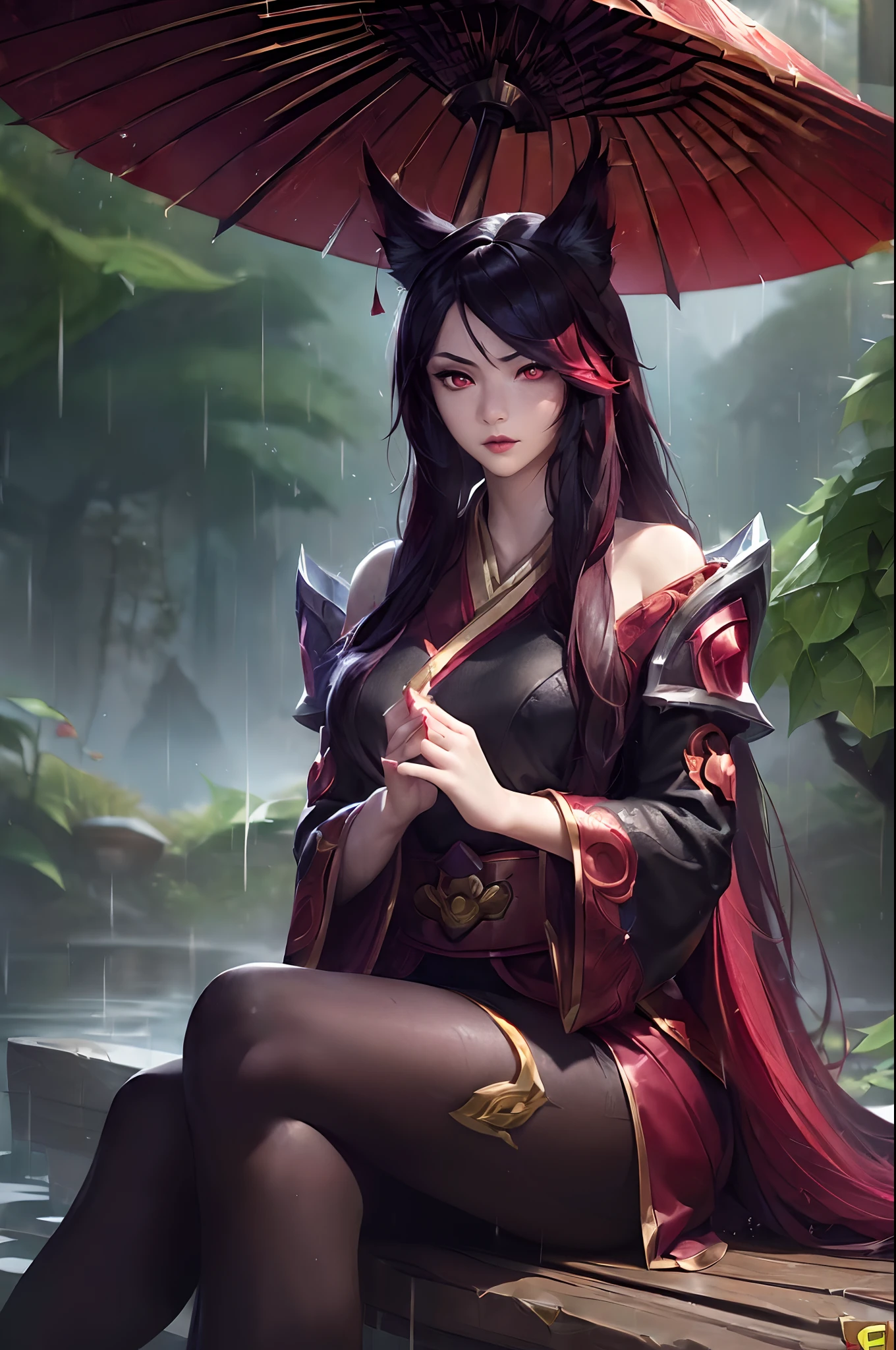 (League of Legends:1.5), (detailed manga illustration:1.2),(masterpiece:1.25),(best quality), (ultra-detailed:1.25),(idyllic),chinese classical style, (rain:1.2),raindrop, (maplegrove:1.3),dense leaves, rockery landscapr, spring water, [ink painting], (mournful, poignant), (color splashing:1.15),(watercolor:1.2),(depth of field:1.25),(solo:1.5) ,[ghostdom], backlight, [looking to the side],
(1 beautiful girl:1.25) with (chinese hanfu: dark red+black),(chinese antiquities) and gorgeous,(hair ribbon),(fox ears),(detailed beautiful red eyes:1.15), (beautiful face:1.15), (black long hair, gradual dark red colored tips), (fox tail),(maple leaves, fallen leaves),soaking feet, expressionless, sitting under a maple tree,